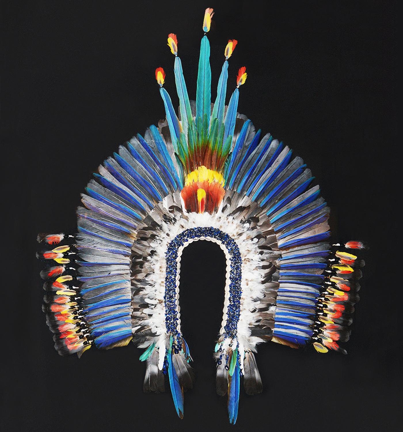 Kayapo Style Artwork Headdress under frame made with blue 
Macaw feathers, and other south american bird feathers. 
Delivered with cites.
“Moult Feather Headdress” original and unique piece inspired
by amazonian indian tribes' headdress. Composition