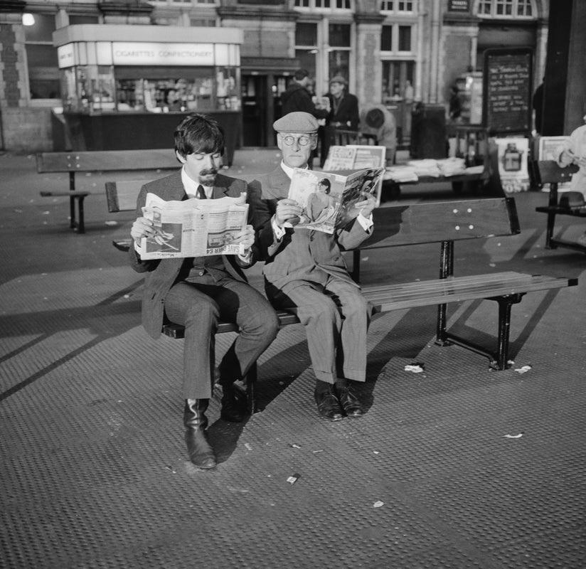 "Steptoe And A Beatle" by Kaye

5th April 1964: Beatle Paul McCartney at Marylebone, London with Wilfrid Brambell (1912 - 1985) playing Paul's grandfather during filming of the Beatles' film 'A Hard Day's Night', directed by Richard