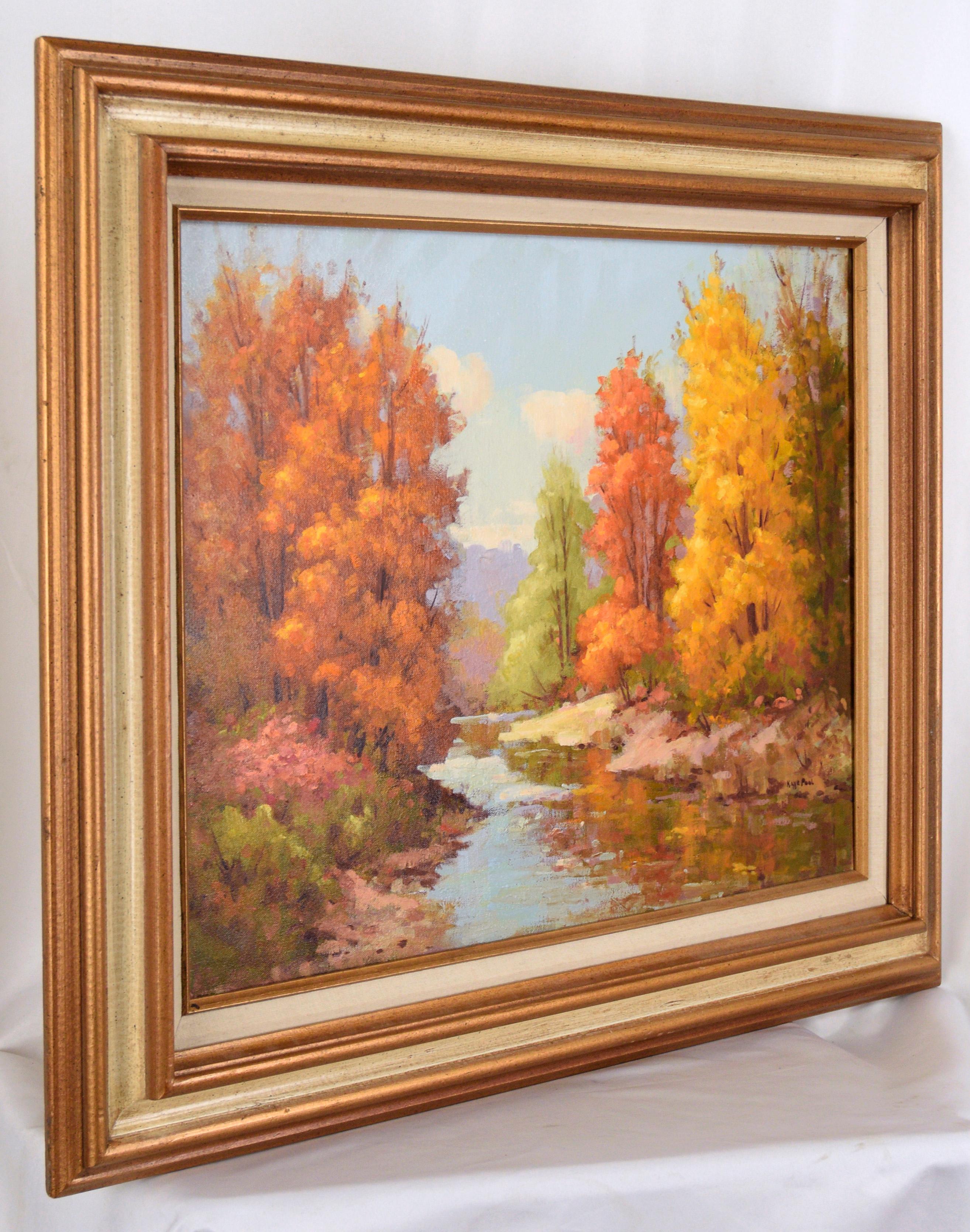 Vibranti colori autunnali al torrente - Paesaggio autunnale in olio su tela 7