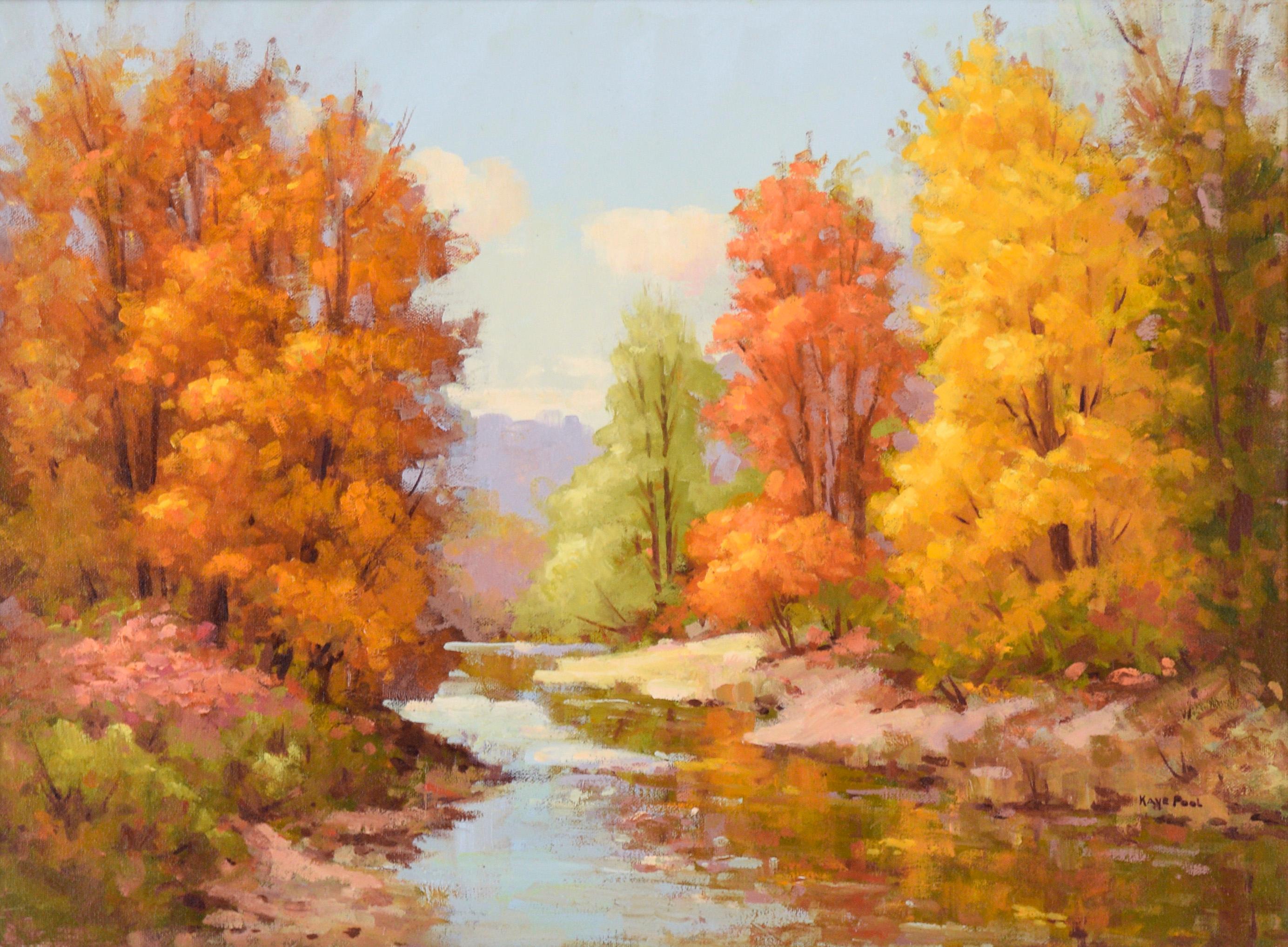 Vibranti colori autunnali al torrente - Paesaggio autunnale in olio su tela - Painting di Kaye Pool