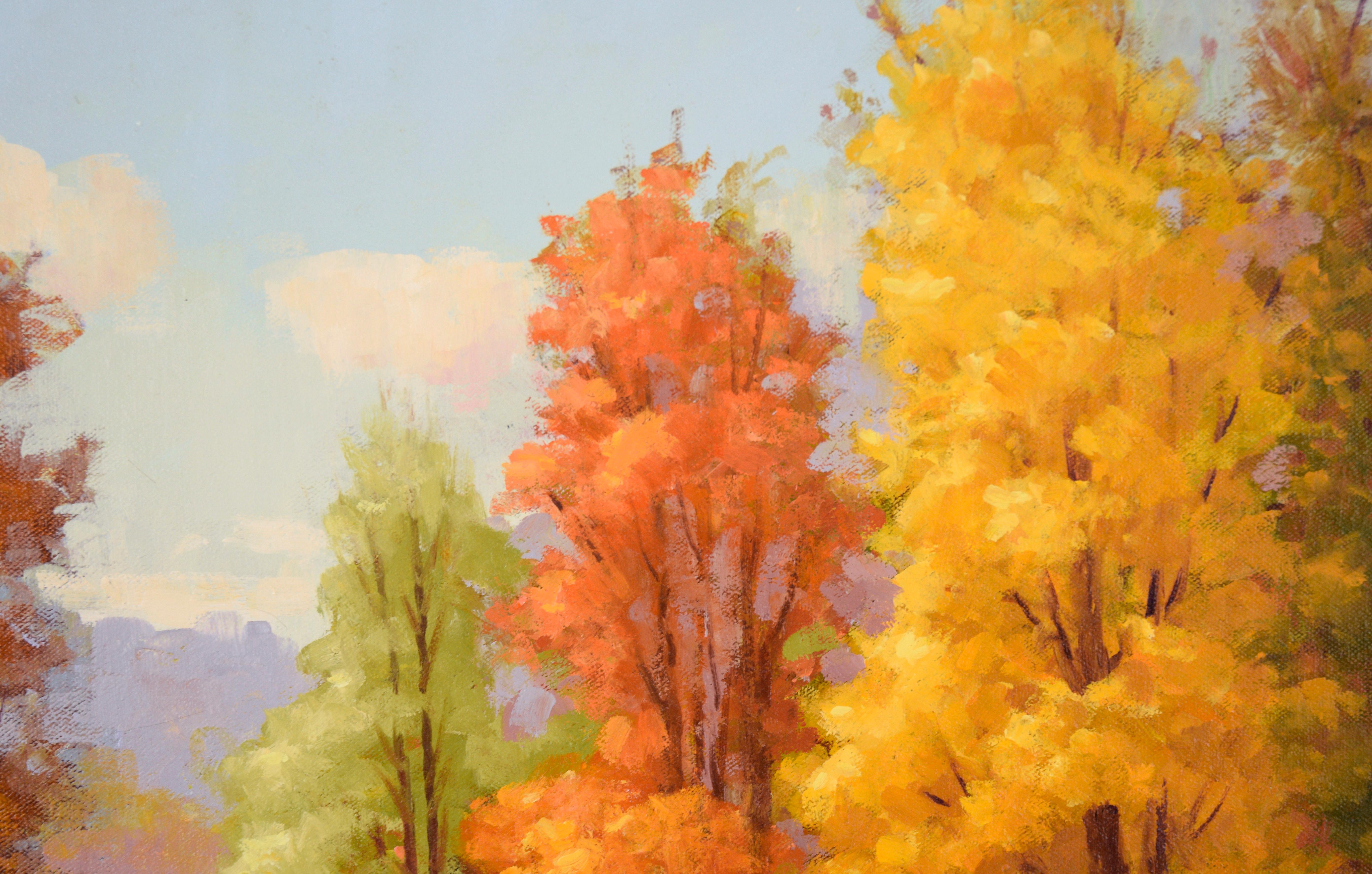 Vibranti colori autunnali al torrente - Paesaggio autunnale in olio su tela

Paesaggio autunnale audace e saturo di Kaye Pool (americano, 1912-2006). Gli alberi ai bordi di un ruscello sono pieni di colori: gialli, arancioni e verdi. Le rive intorno