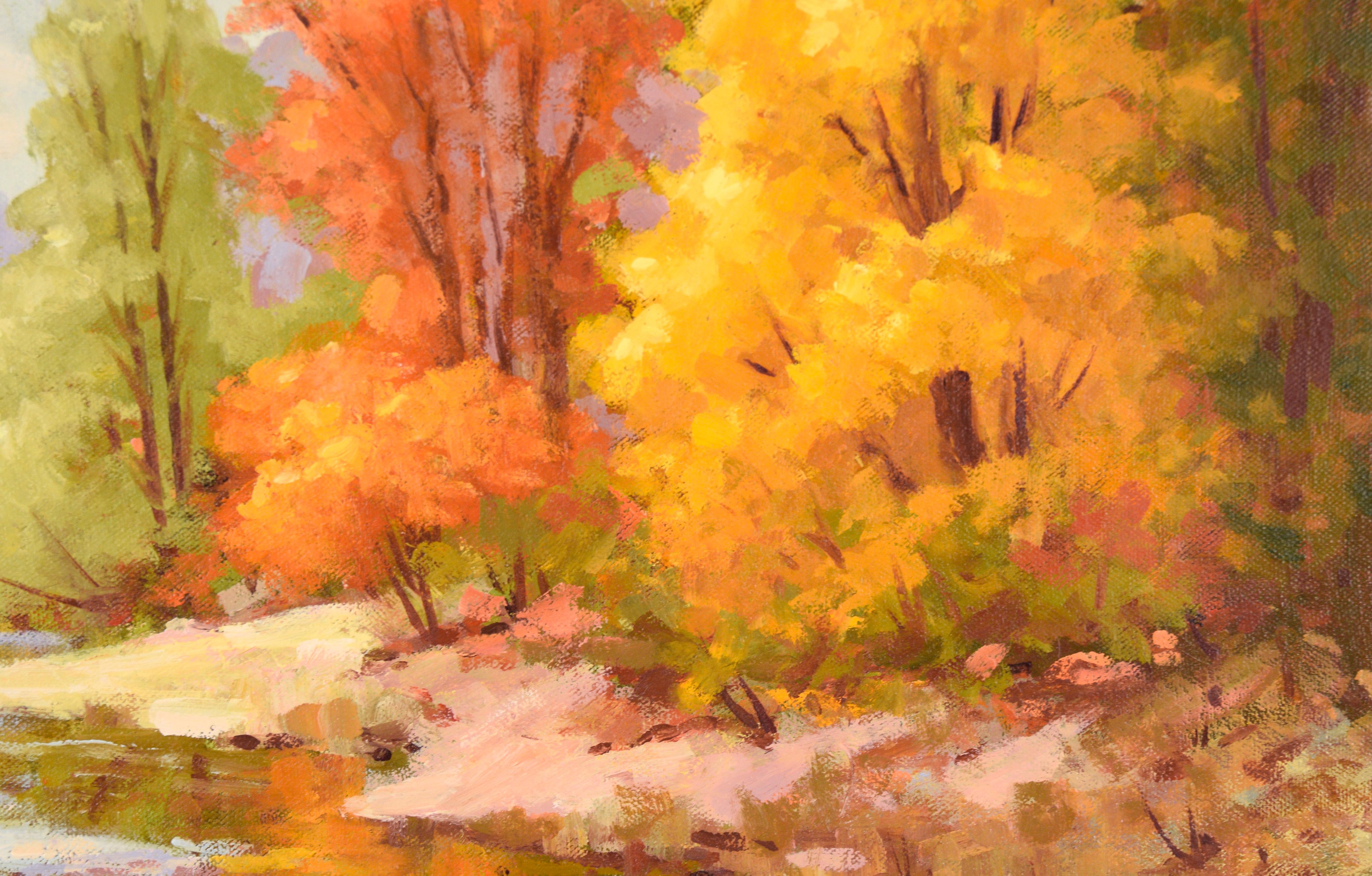 Vibranti colori autunnali al torrente - Paesaggio autunnale in olio su tela 2
