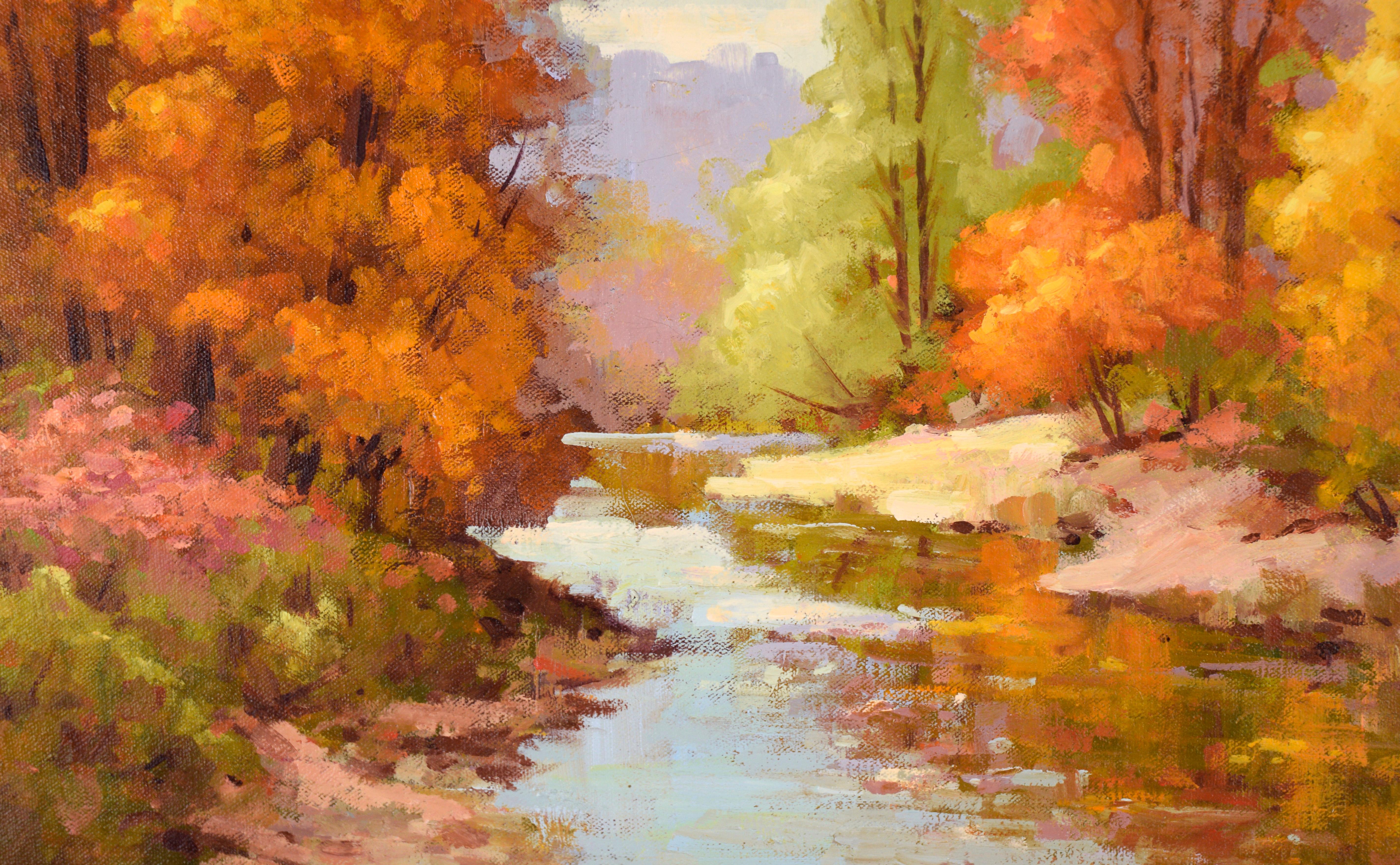 Vibranti colori autunnali al torrente - Paesaggio autunnale in olio su tela 3