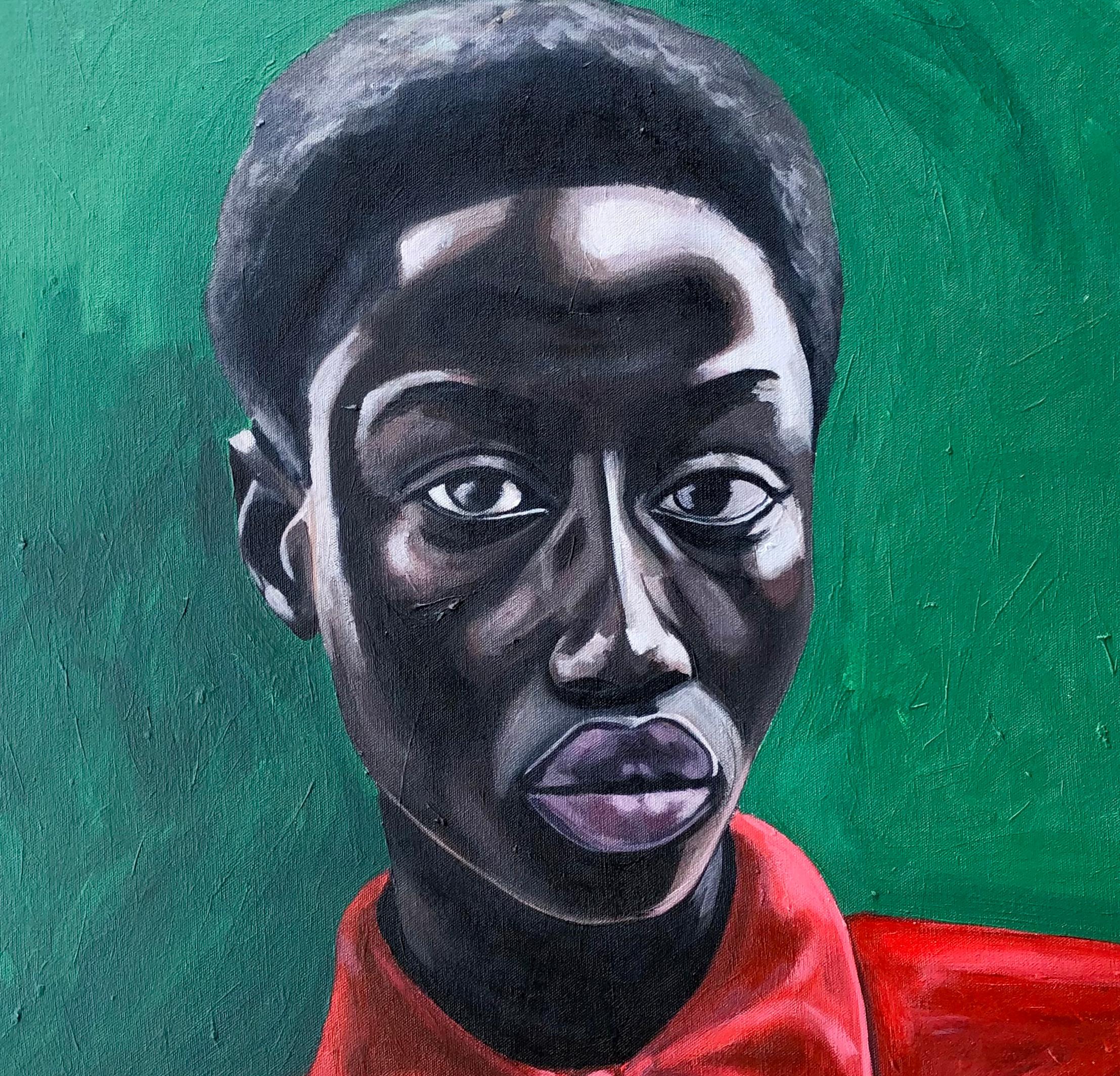 Le Col Rouge - Ritratto espressionista del XXI secolo, Donna africana - Figurative Painting Blu di Kayimahe Ishmael Zed