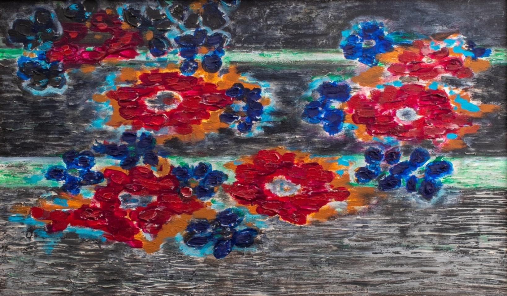 Kayo Lennar (French/American, b. 1923) oil on canvas painting depicting polychrome flowers on an abstracted ground, apparently unsigned, housed in an ebonized and gilt wood frame. Image: 11.5