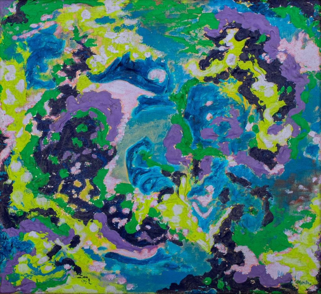Kayo Lennar (French / American, b. 1923) abstract expressionist oil on canvas painting depicting an abstraction in blue, purple, and green hues, signed lower right, housed in a gilt wood frame. Measues: image: 11.5