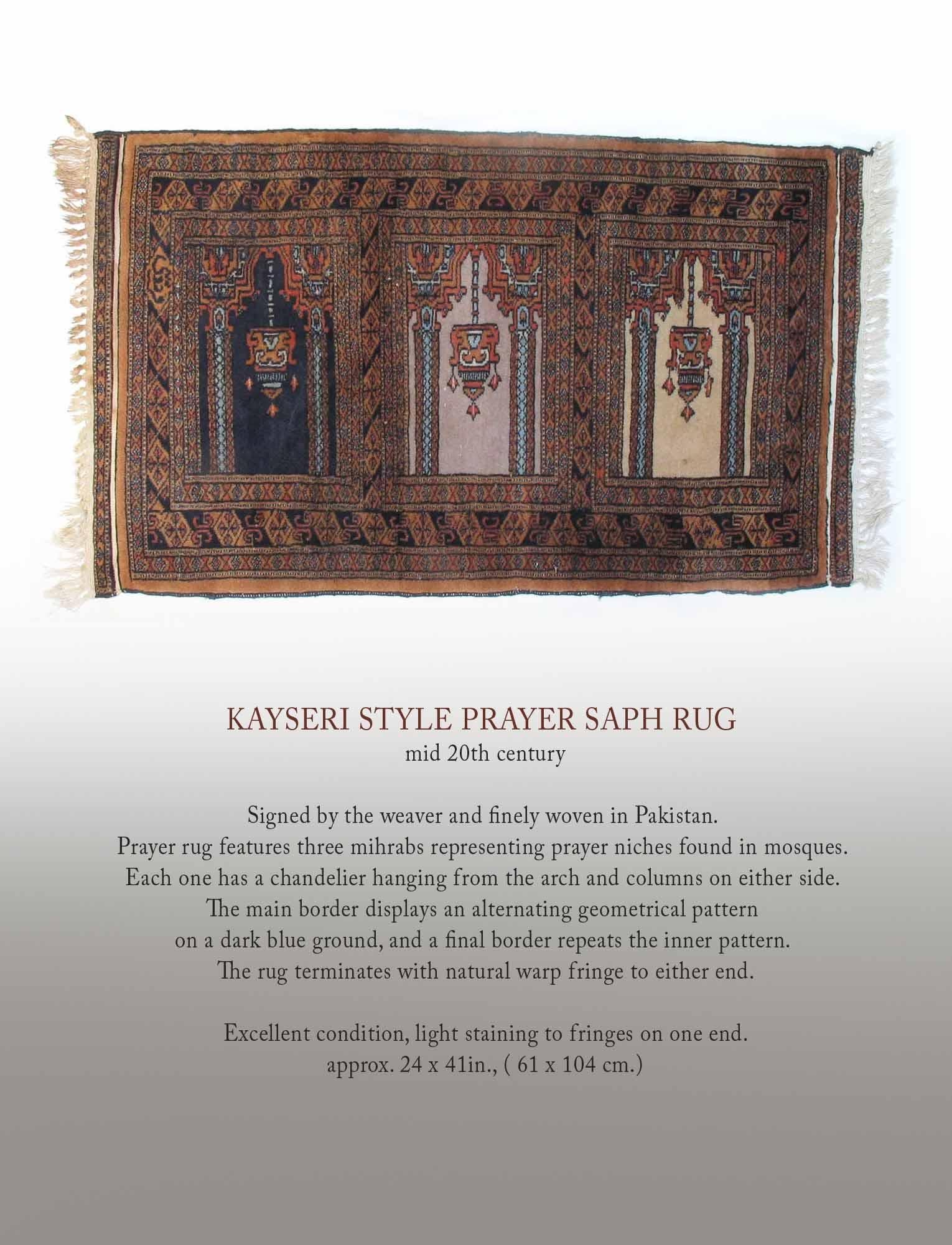 Kayseri style Prayer Saph rug, mid-20th century, Pakistan
Signed by the weaver and finely woven in Pakistan, cotton warp, the weft and pile are wool. Prayer rug features three Mihrabs representing prayer niches found in Mosques. Each one has a