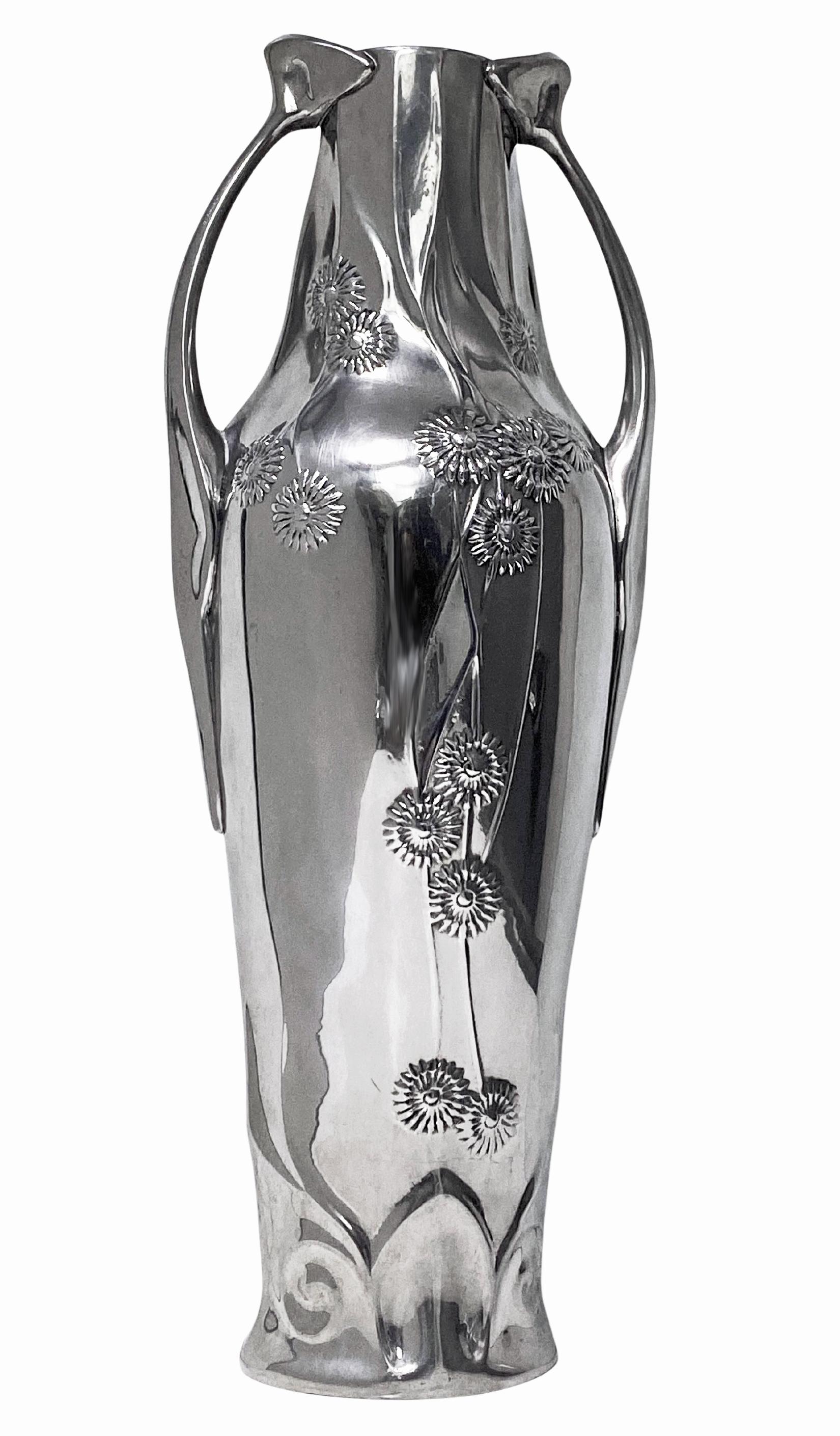 Kayserzinn polished Pewter Vase, art nouveau style, Germany 20th century. Stamped 4408 Kayserzinn on base. Height: 11.25 inches.