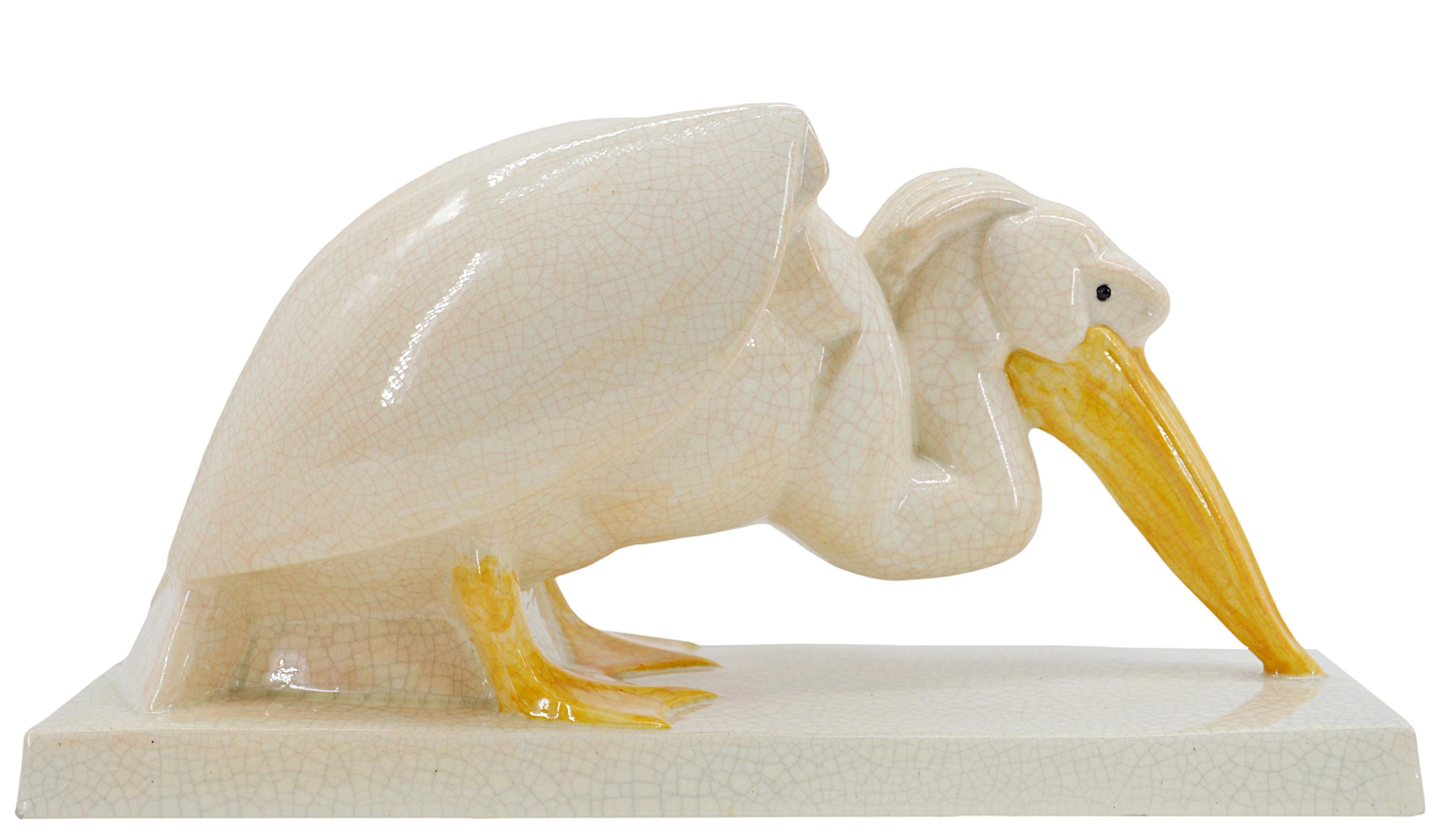 French Kaza France, Large Art Deco Ceramic Pelican, Early 1930s