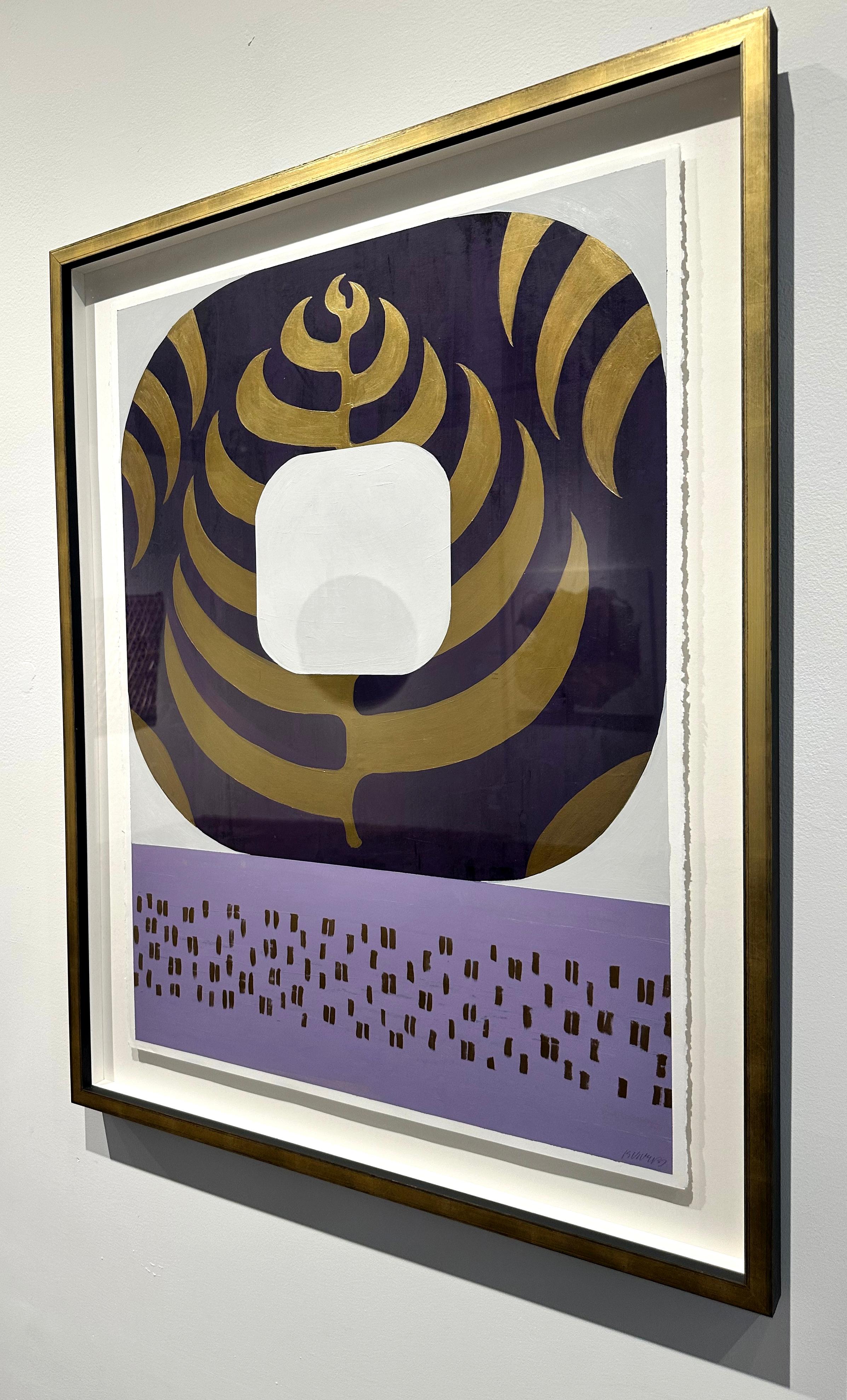 Peinture géométrique abstraite sur papier alternant aubergine, violet et or en vente 1