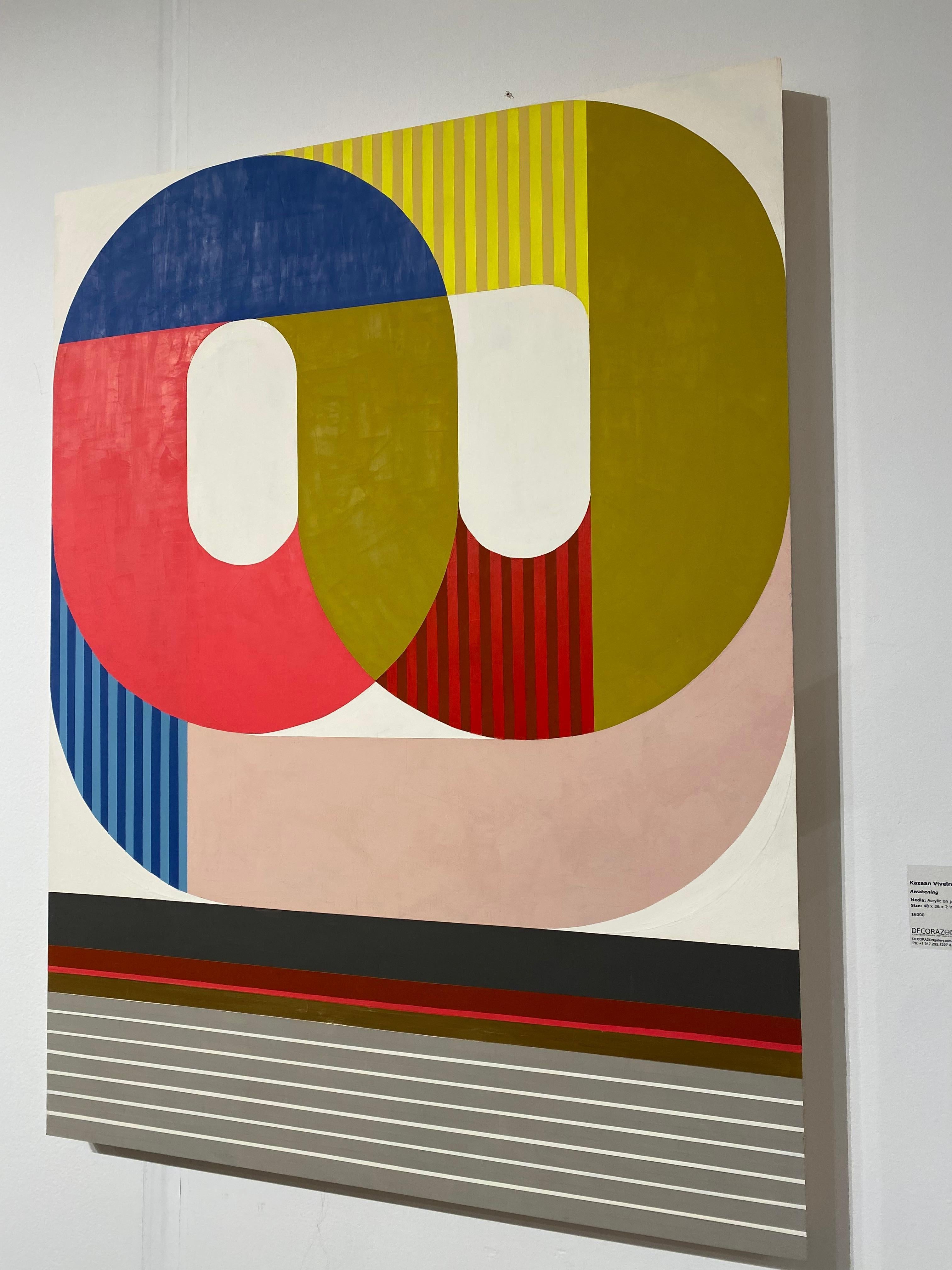 Awakening, peinture géométrique abstraite, palette rouge vif moderne du milieu du siècle dernier - Abstrait Painting par Kazaan Viveiros