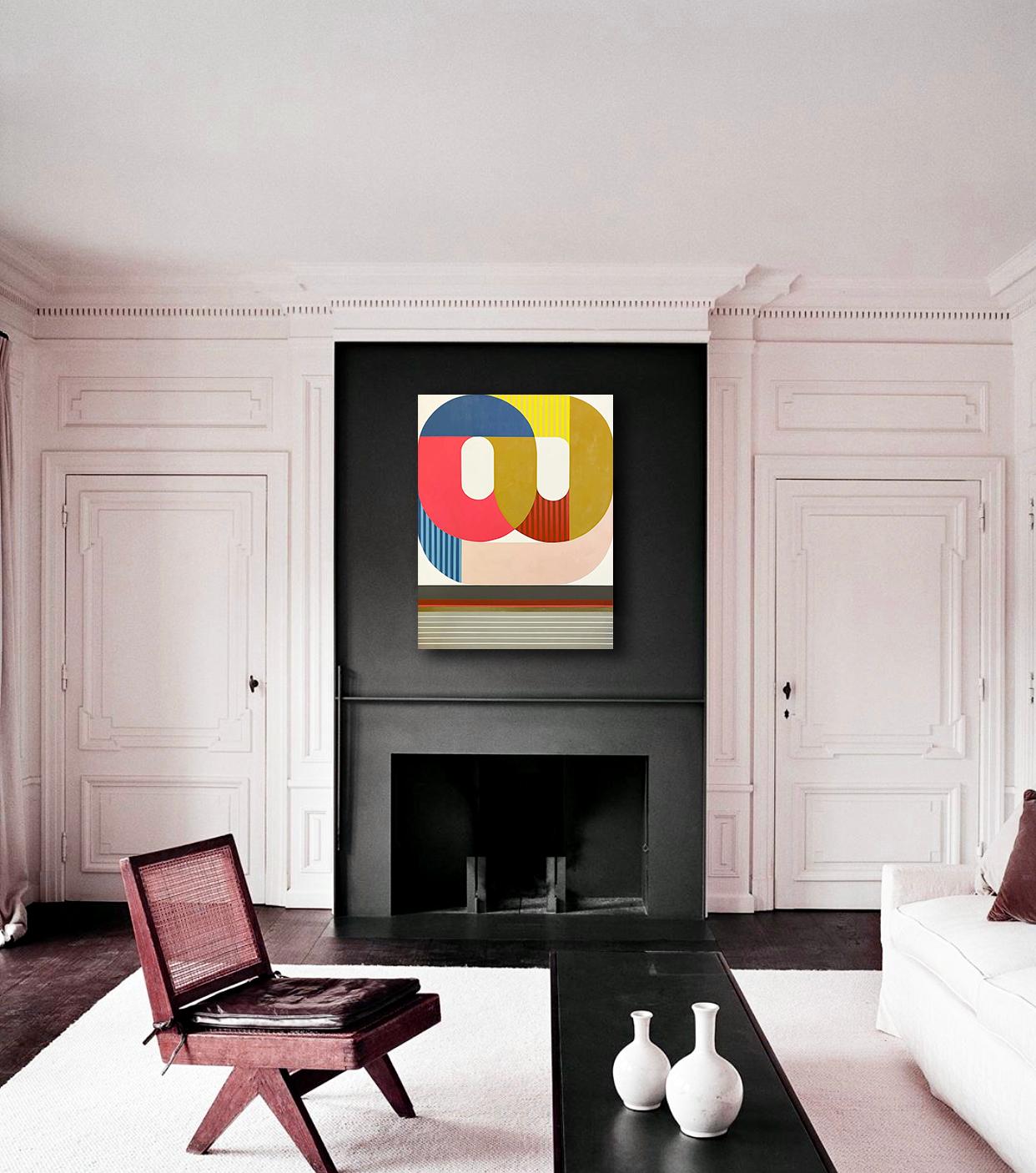 Awakening, abstract geometric painting, mid-century modern bright red palette For Sale 5