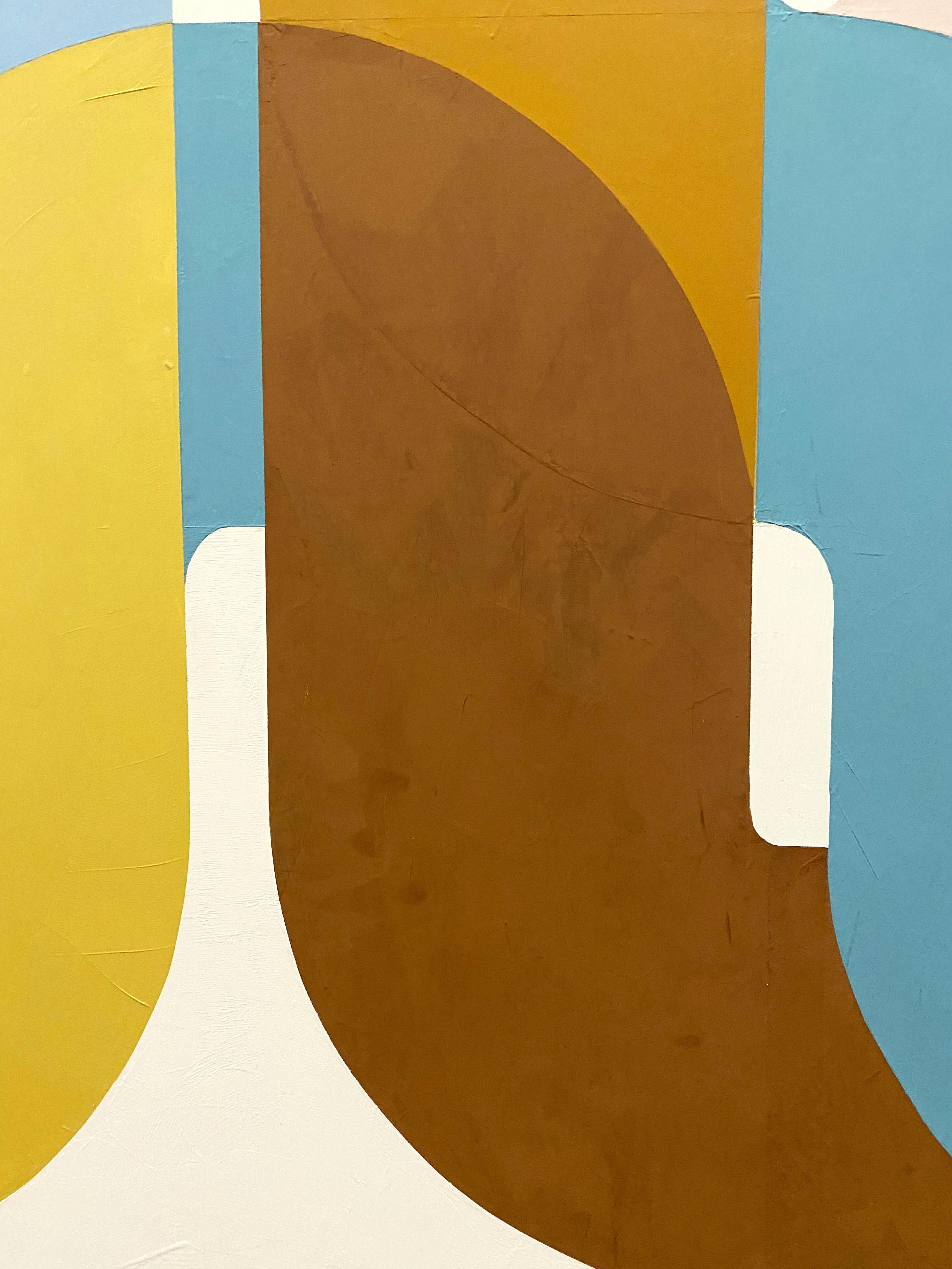 Auffälliges geometrisches abstraktes Gemälde im Labyrinthstil, Farbpalette aus der Mitte des Jahrhunderts (Beige), Abstract Painting, von Kazaan Viveiros