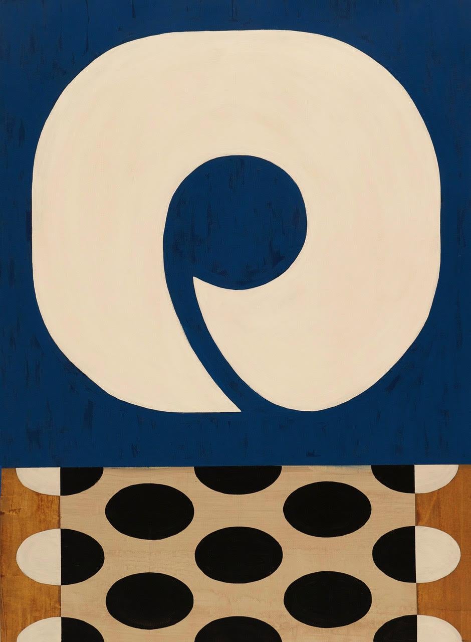Kazaan Viveiros Abstract Drawing - Open Loop II, graphic geometric abstract painting on paper, with blue & gold