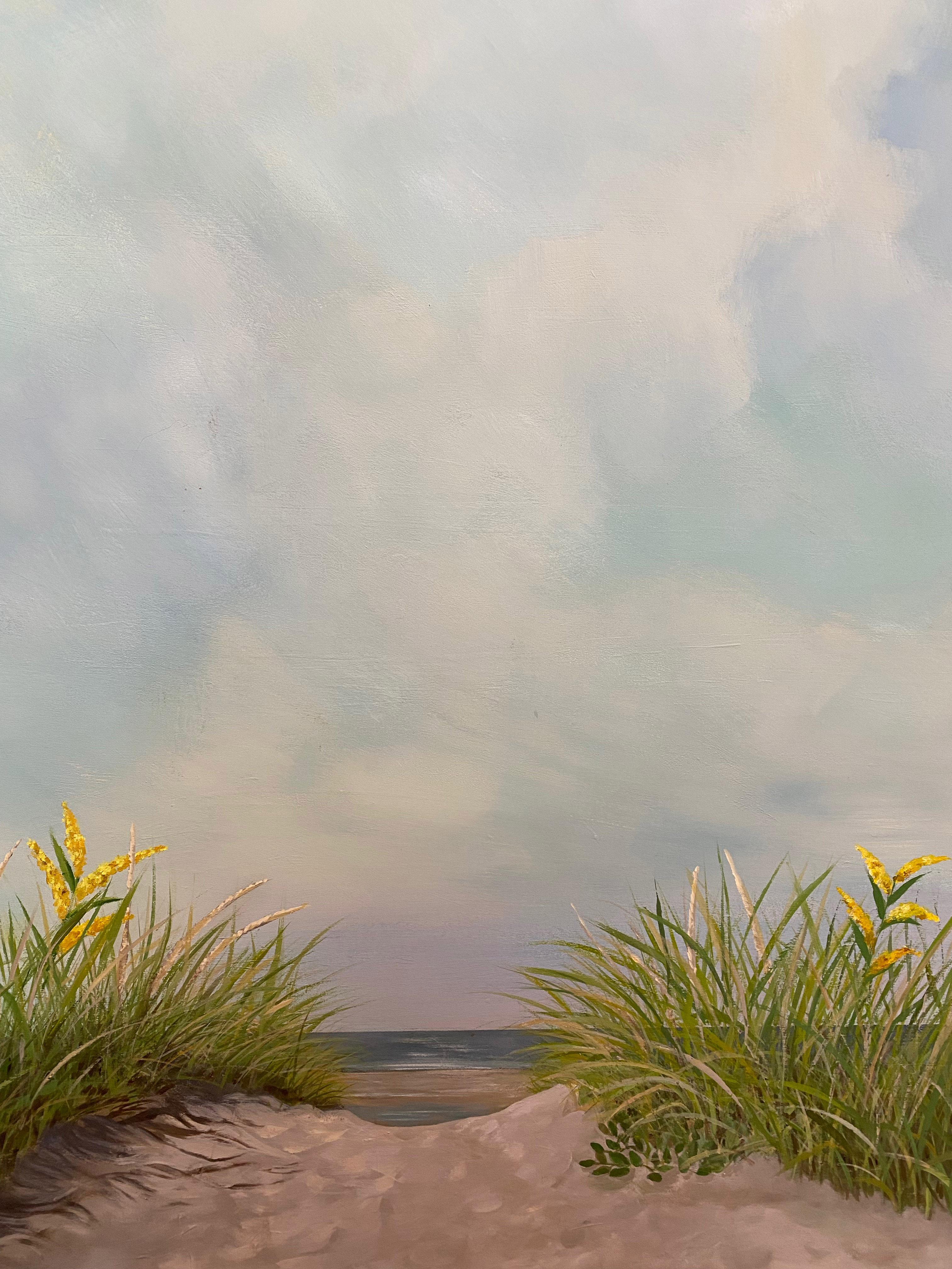 Playa Tranquila - Perro en Paisaje Costero Pintura sobre Panel, Cielo Azul y Nubes en venta 7