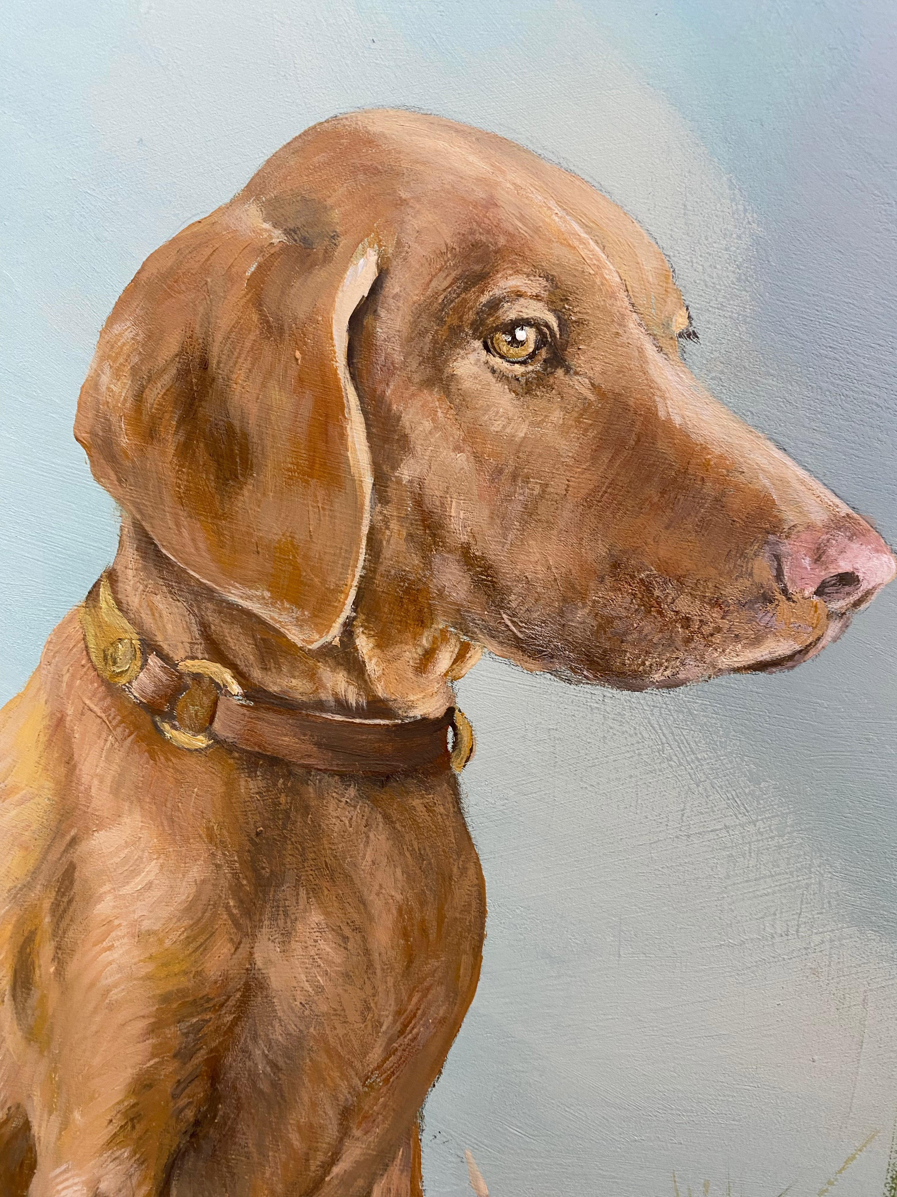 Playa Tranquila - Perro en Paisaje Costero Pintura sobre Panel, Cielo Azul y Nubes en venta 8