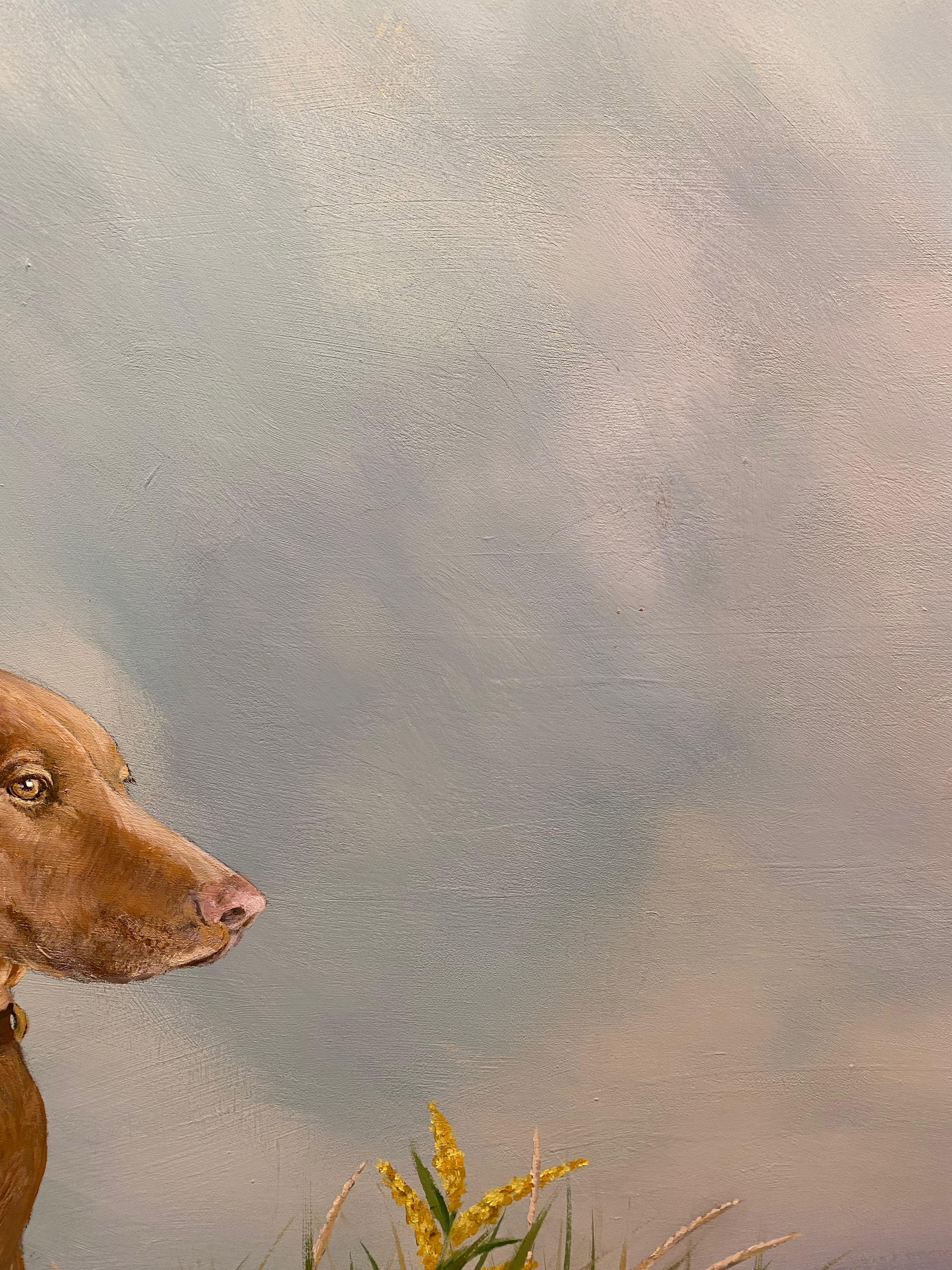 Playa Tranquila - Perro en Paisaje Costero Pintura sobre Panel, Cielo Azul y Nubes en venta 9