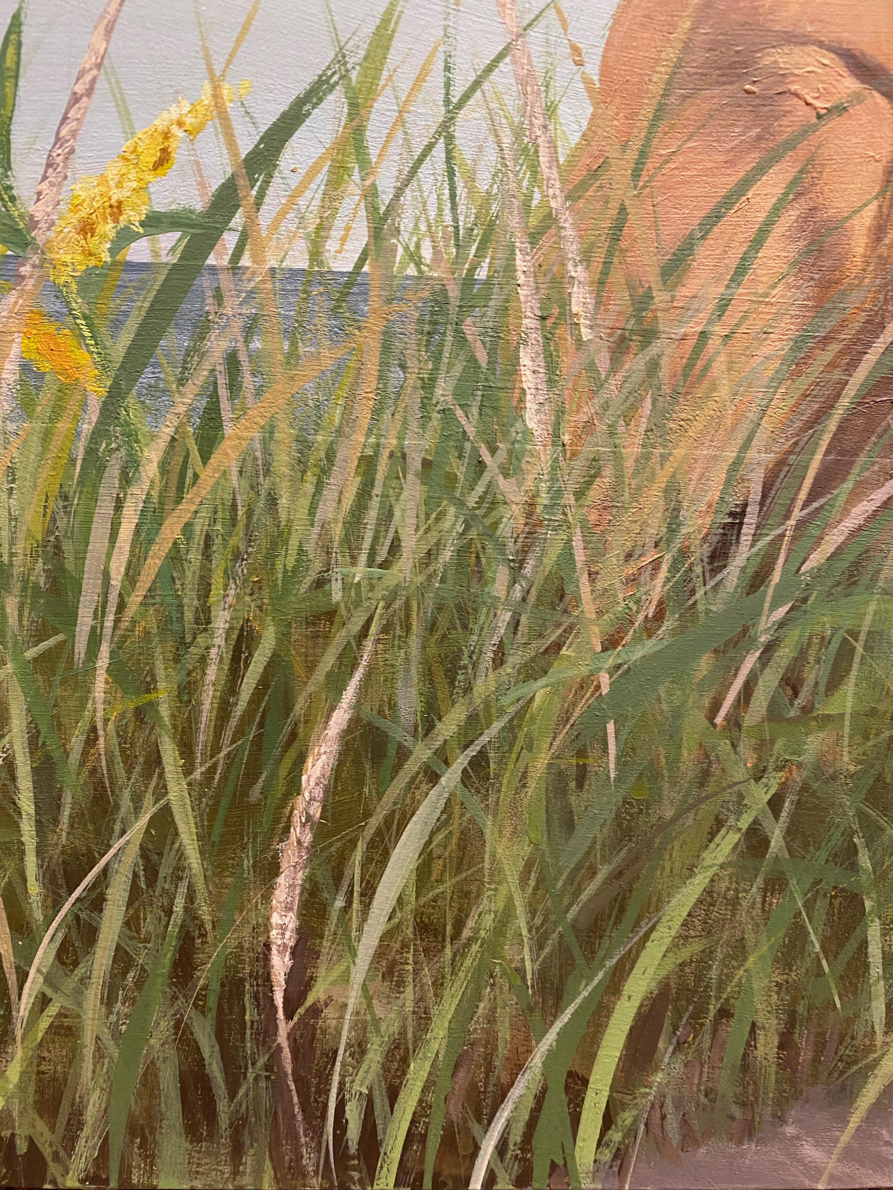 Playa Tranquila - Perro en Paisaje Costero Pintura sobre Panel, Cielo Azul y Nubes en venta 10