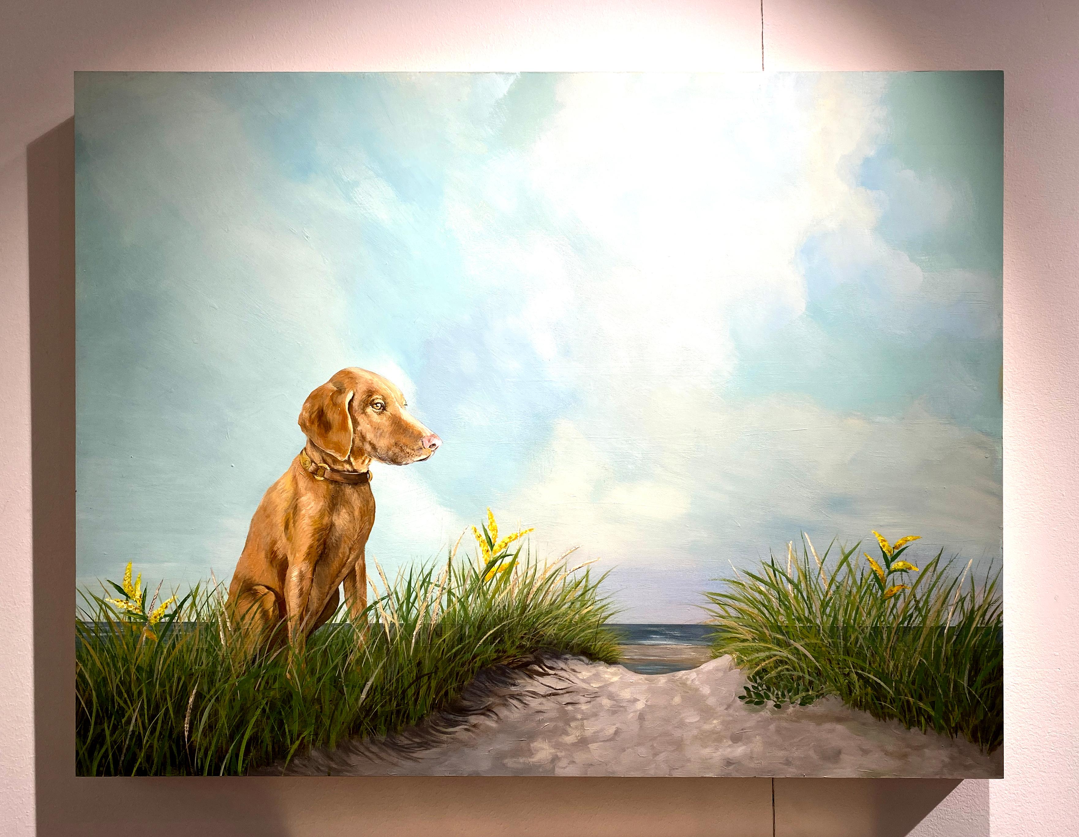 Tranquil Beach - Hund in Küstenlandschaft Gemälde auf Panel, blauer Himmel & Wolken – Painting von Kazaan Viveiros