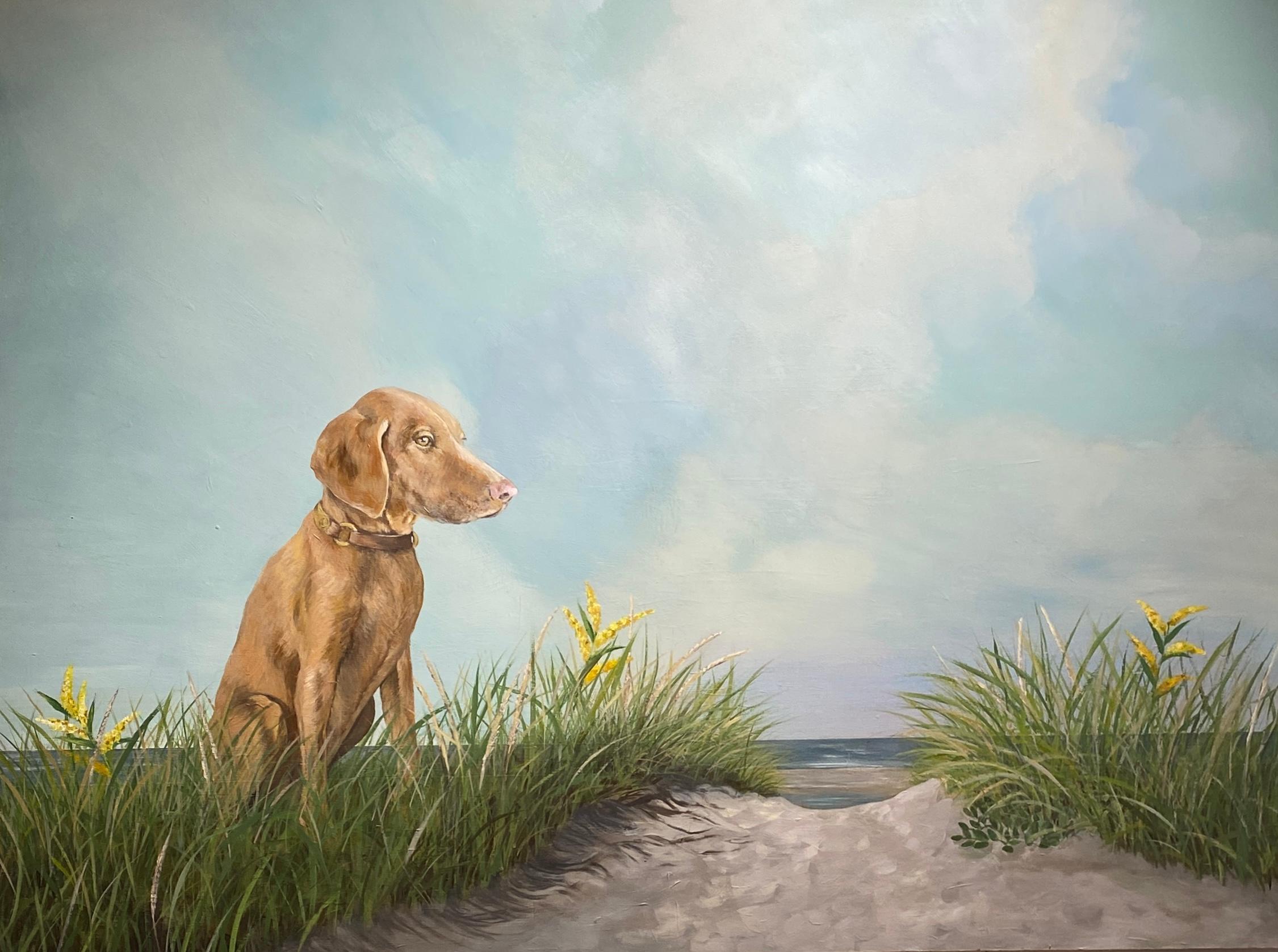 Tranquil Beach – Dog in Coastal Landscape Painting on Panel, Blue Sky & Clouds