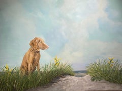 Plage tranquille - Chien dans un paysage côtier peint sur panneau, ciel bleu et nuages