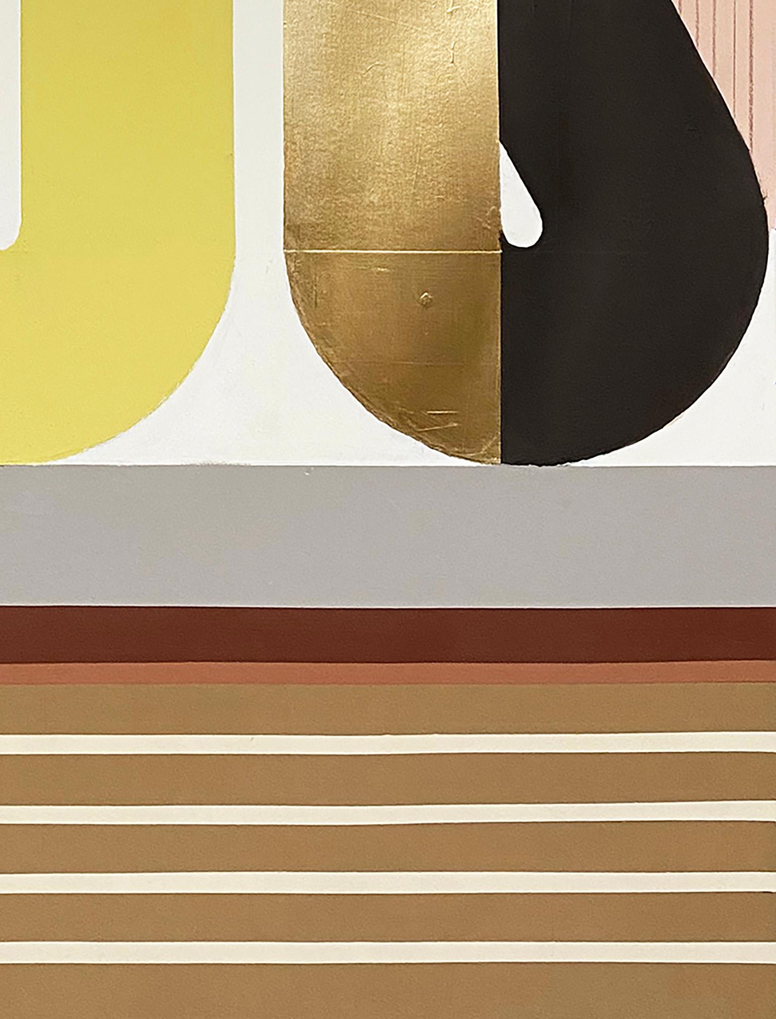 Ups and Downs, art deco inspired, geometric abstract painting on paper with gold - Gold Abstract Drawing by Kazaan Viveiros