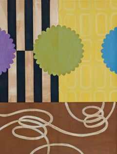 Gelbe Ziegelparade, skurriles und leuchtendes geometrisches abstraktes Gemälde auf Papier