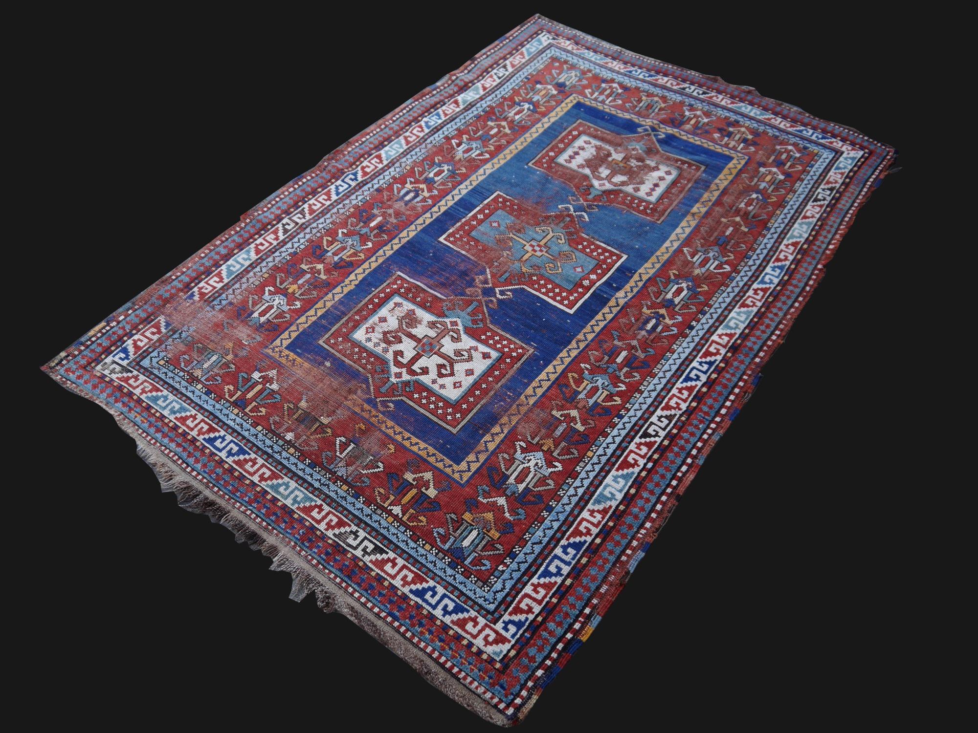 Kazak Antique Rug Blue Distressed Worn to Perfection 4