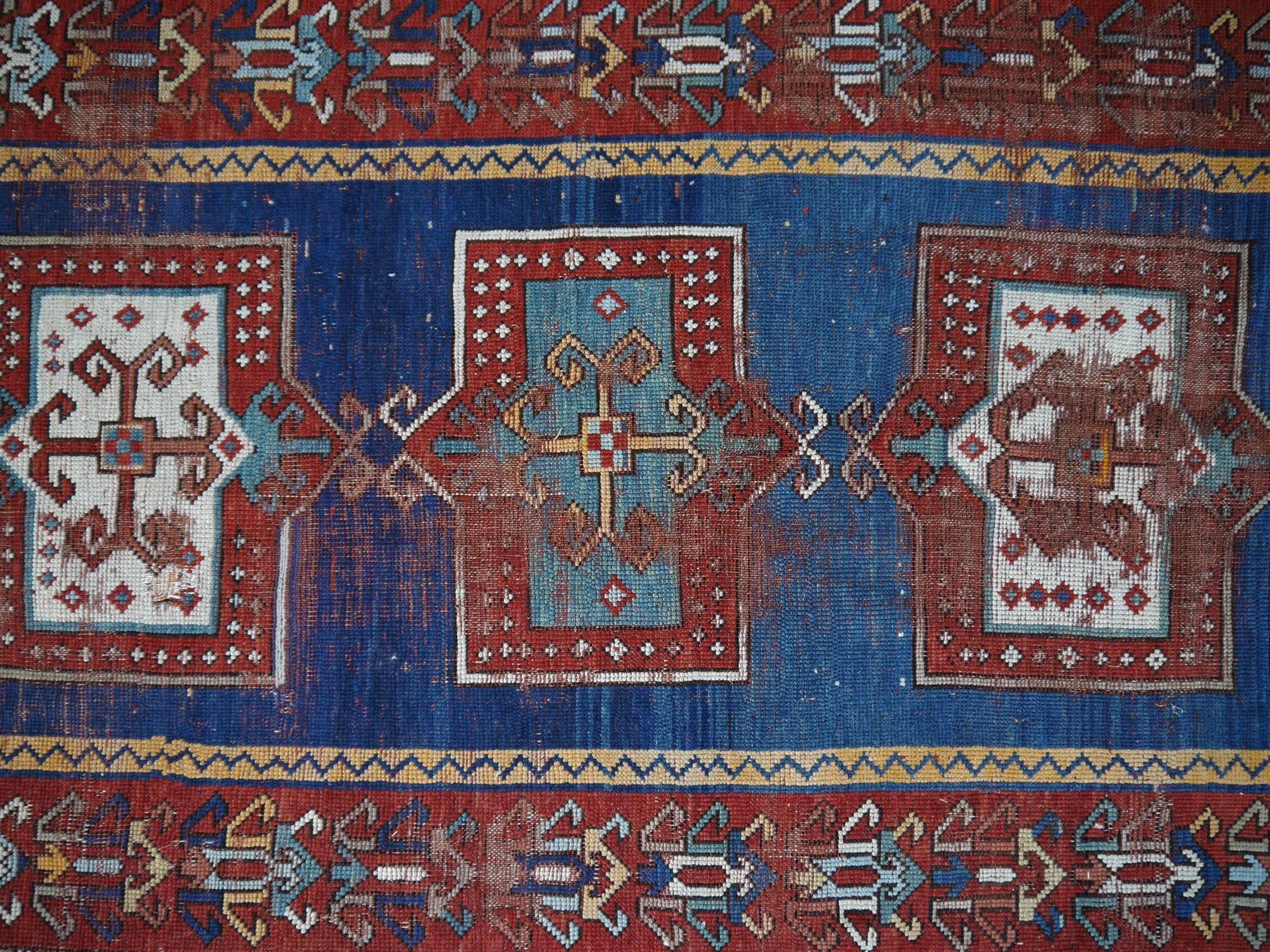 Kazak Antique Rug Blue Distressed Worn to Perfection 6