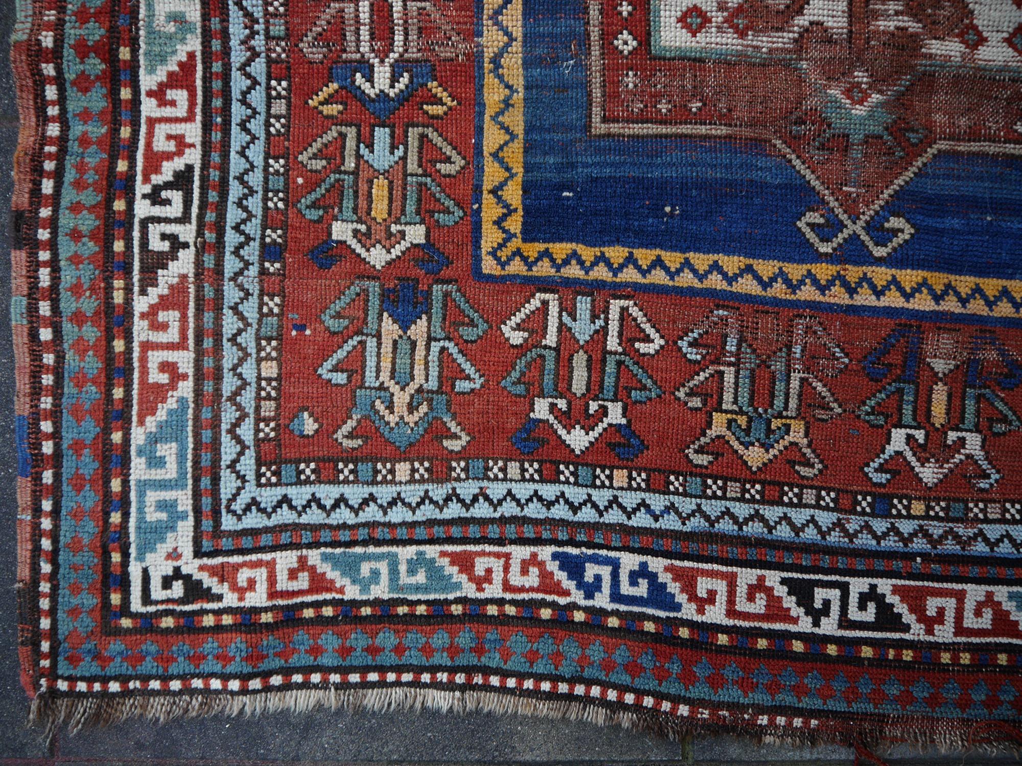 Azerbaijani Kazak Antique Rug Blue Distressed Worn to Perfection