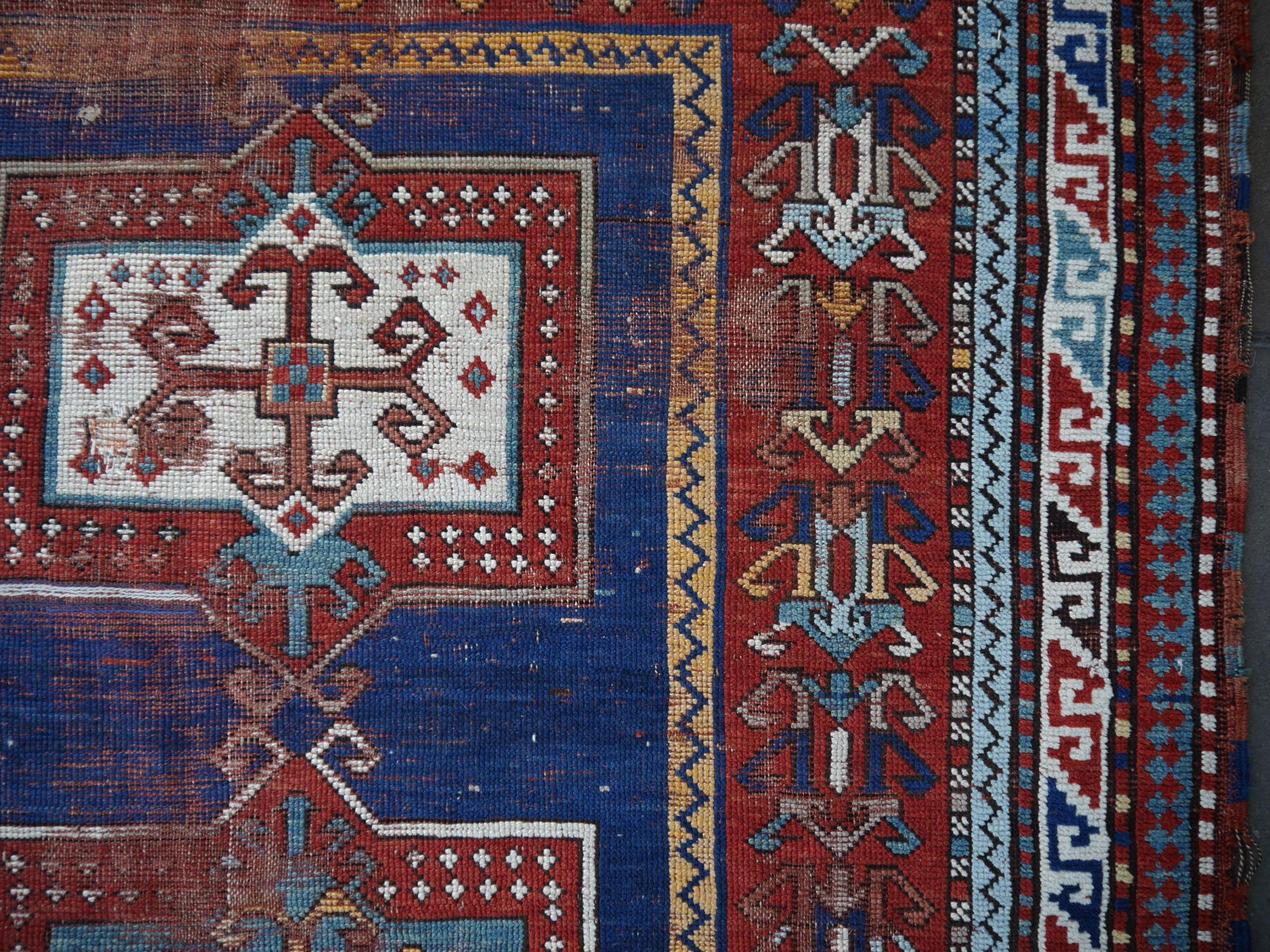 Wool Kazak Antique Rug Blue Distressed Worn to Perfection