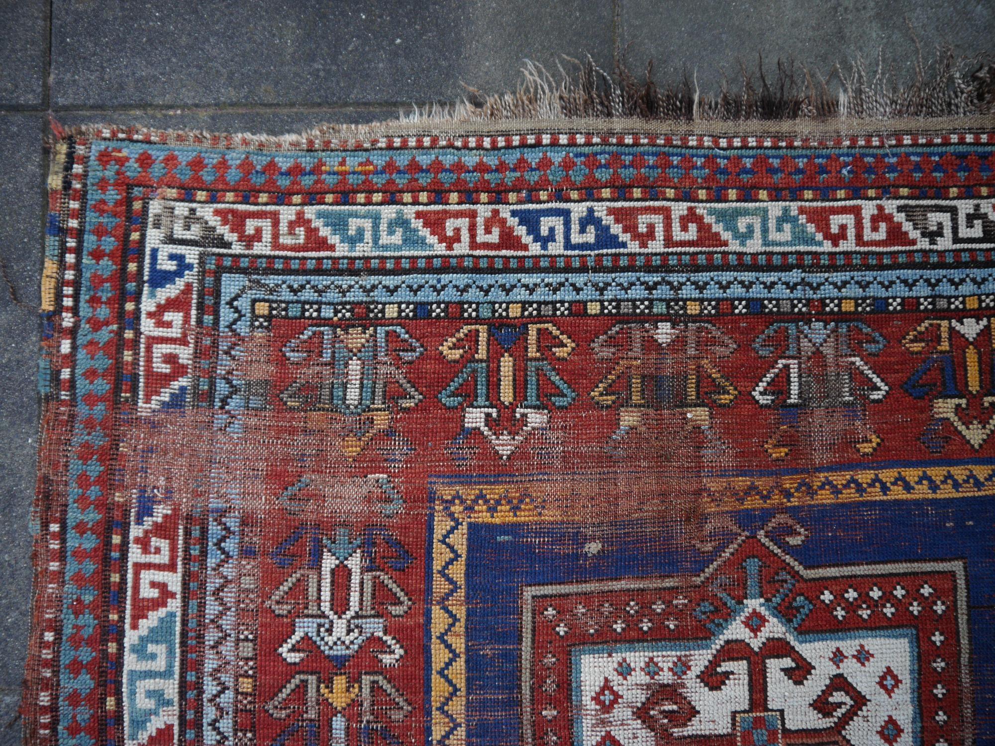 Kazak Antique Rug Blue Distressed Worn to Perfection 1