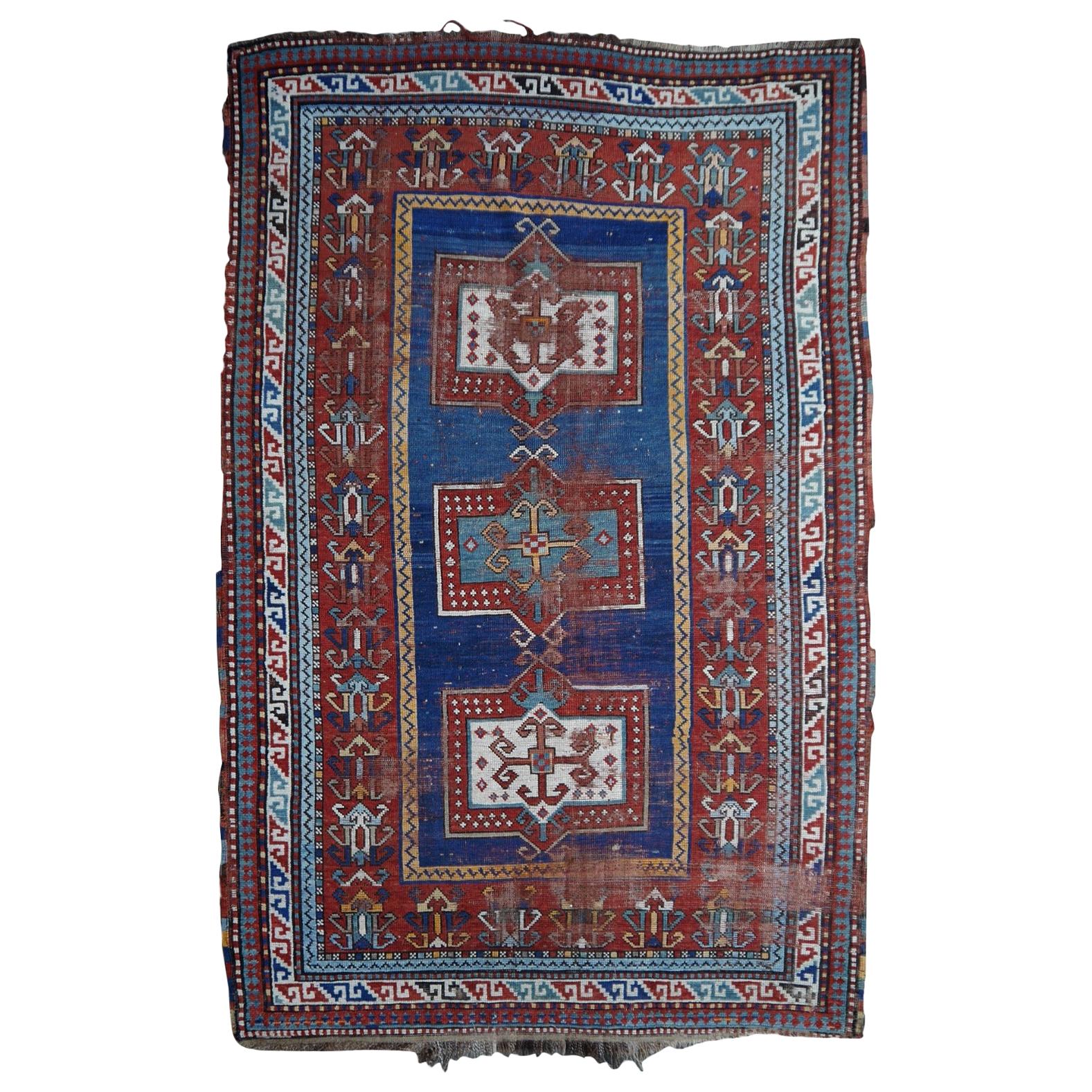 Kazak Antique Rug Blue Distressed Worn to Perfection