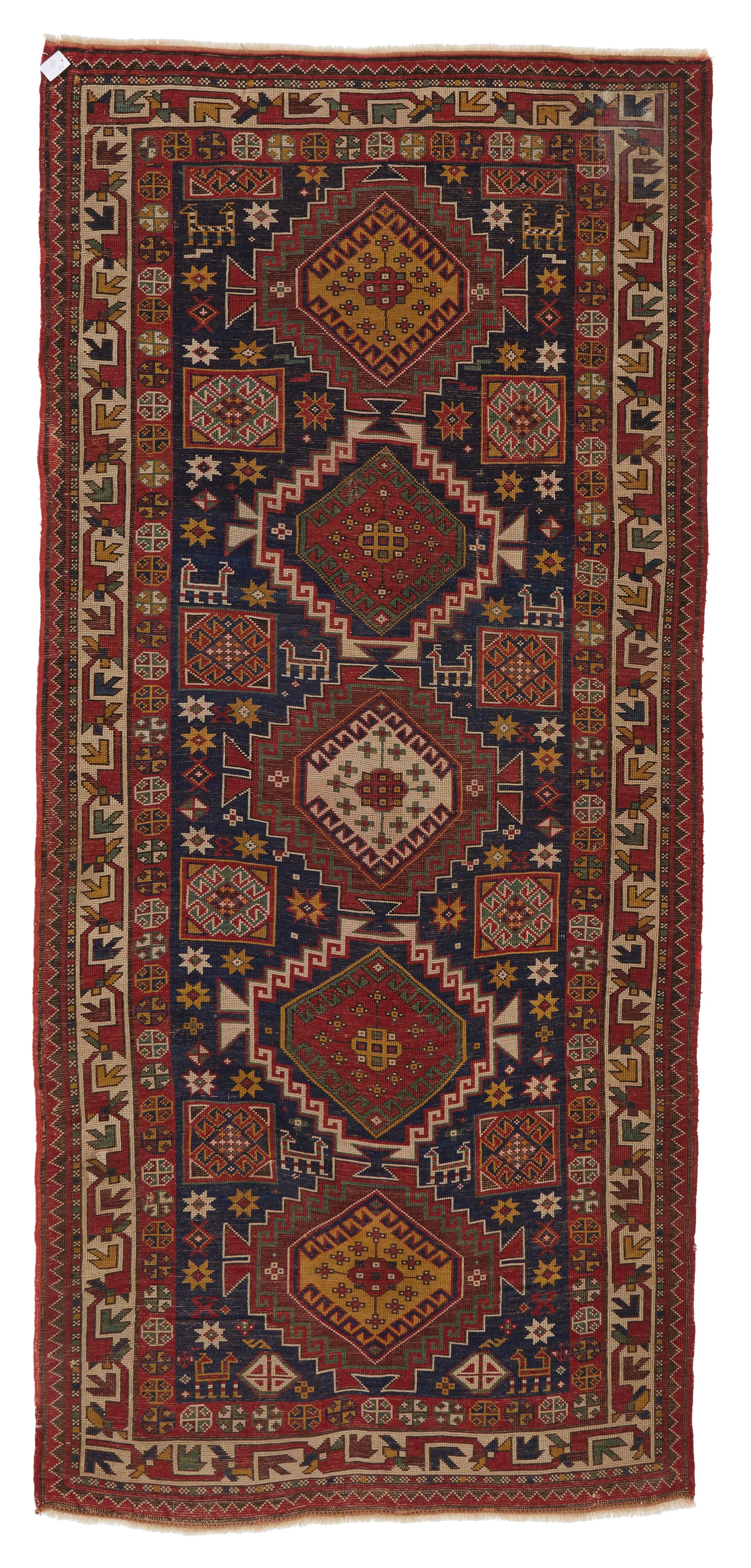 This exquisite KAZAK ANTIQUE RUG from the late 19th century features a stunning selection of geometric motifs, expertly hand-knotted from the finest 100% wool, and is preserved in excellent condition. A luxurious home accent that adds a touch of