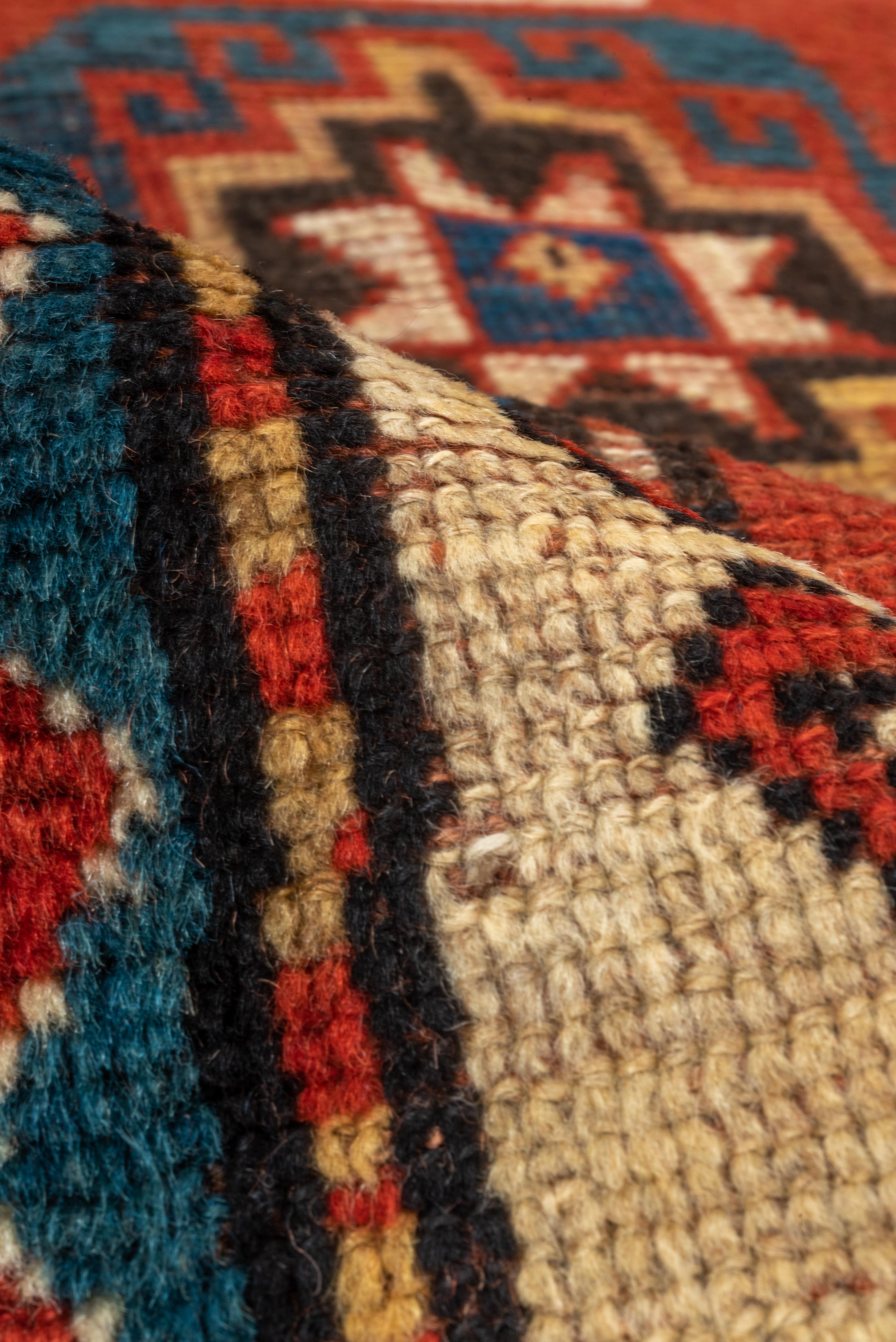 Hand-Knotted Kazak Caucasian Red Blue Geometric Rug   For Sale