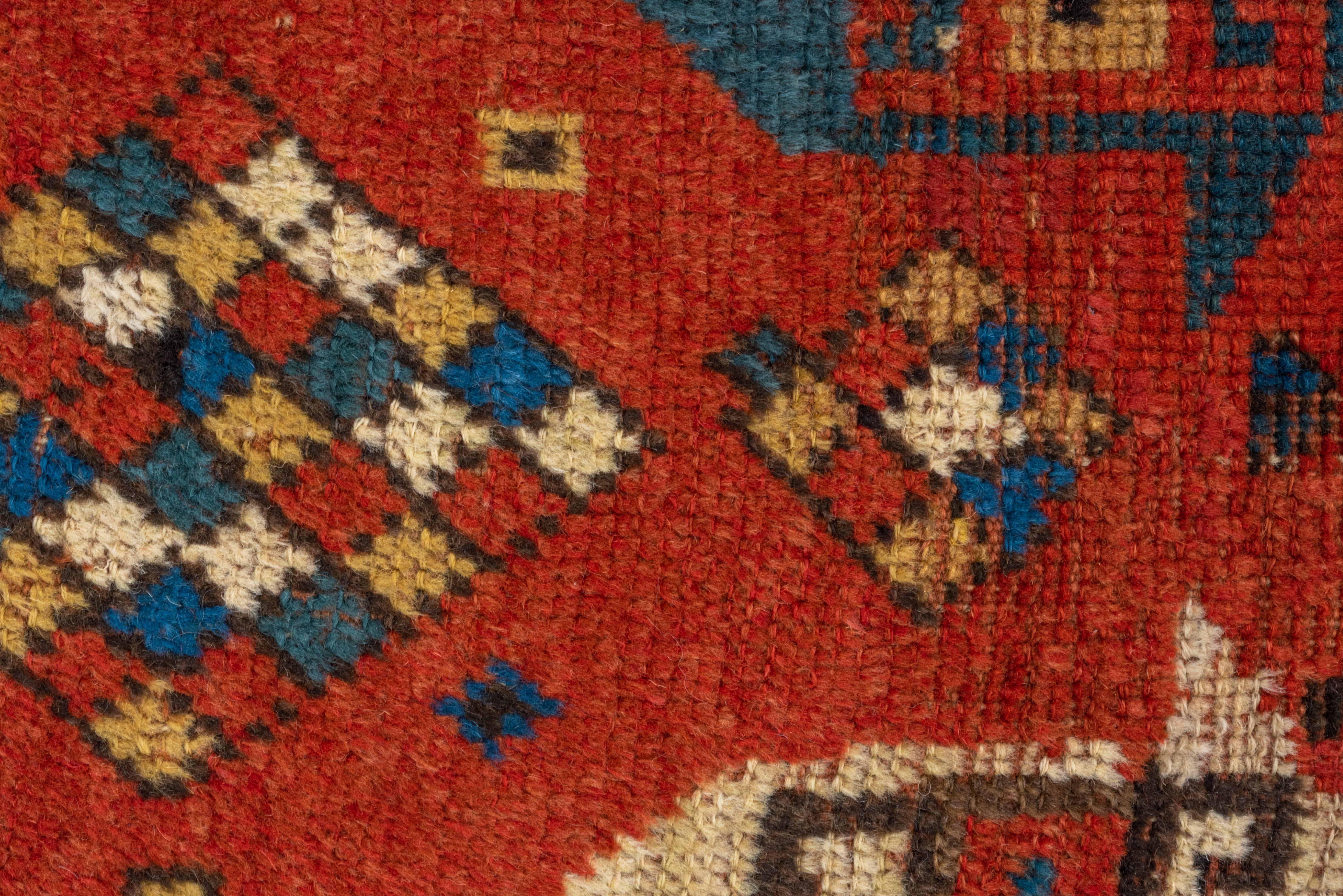 Wool Kazak Caucasian Red Blue Geometric Rug   For Sale