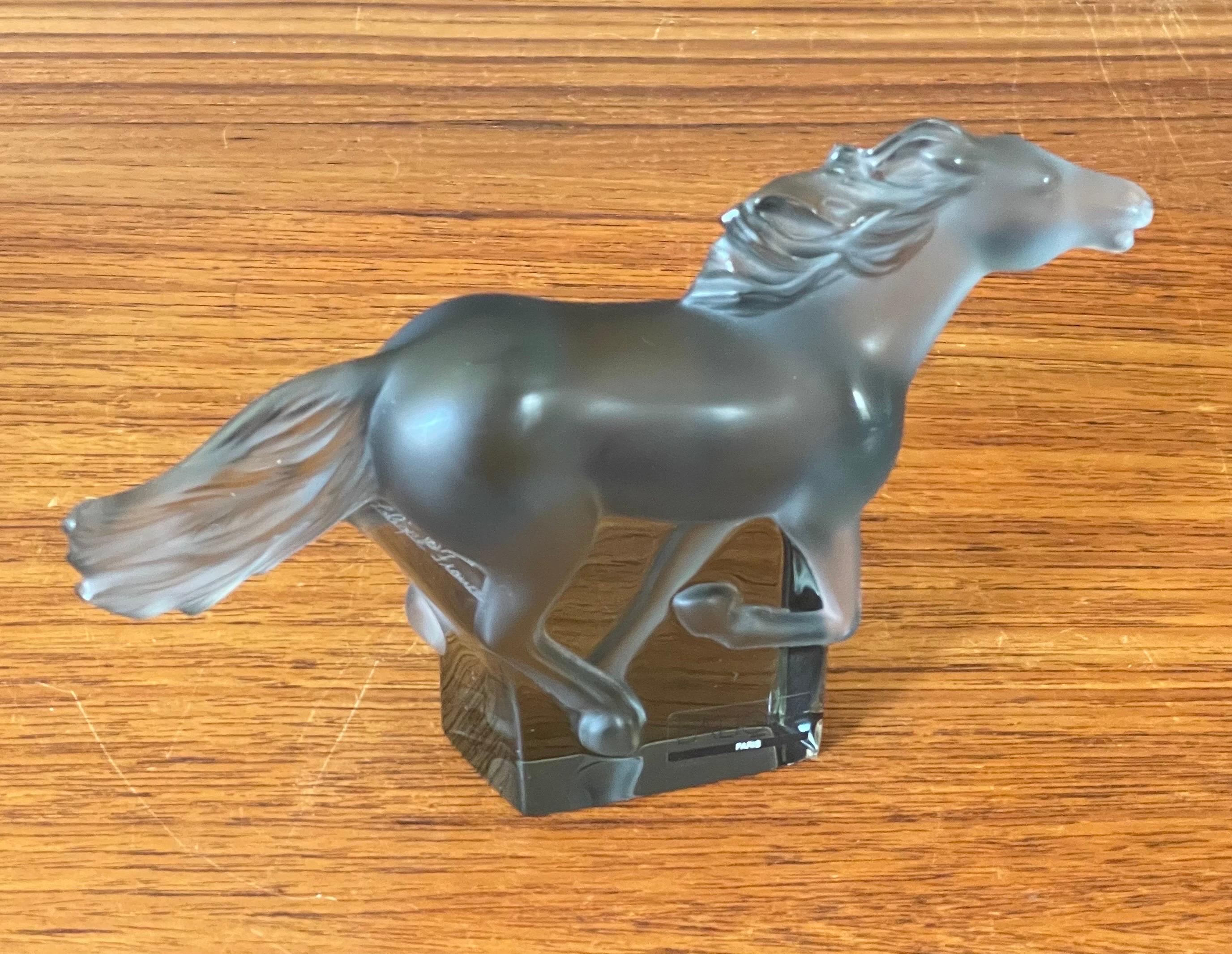 French Kazak Horse Galloping Sculpture in Transparent Grey Crystal by Lalique of France