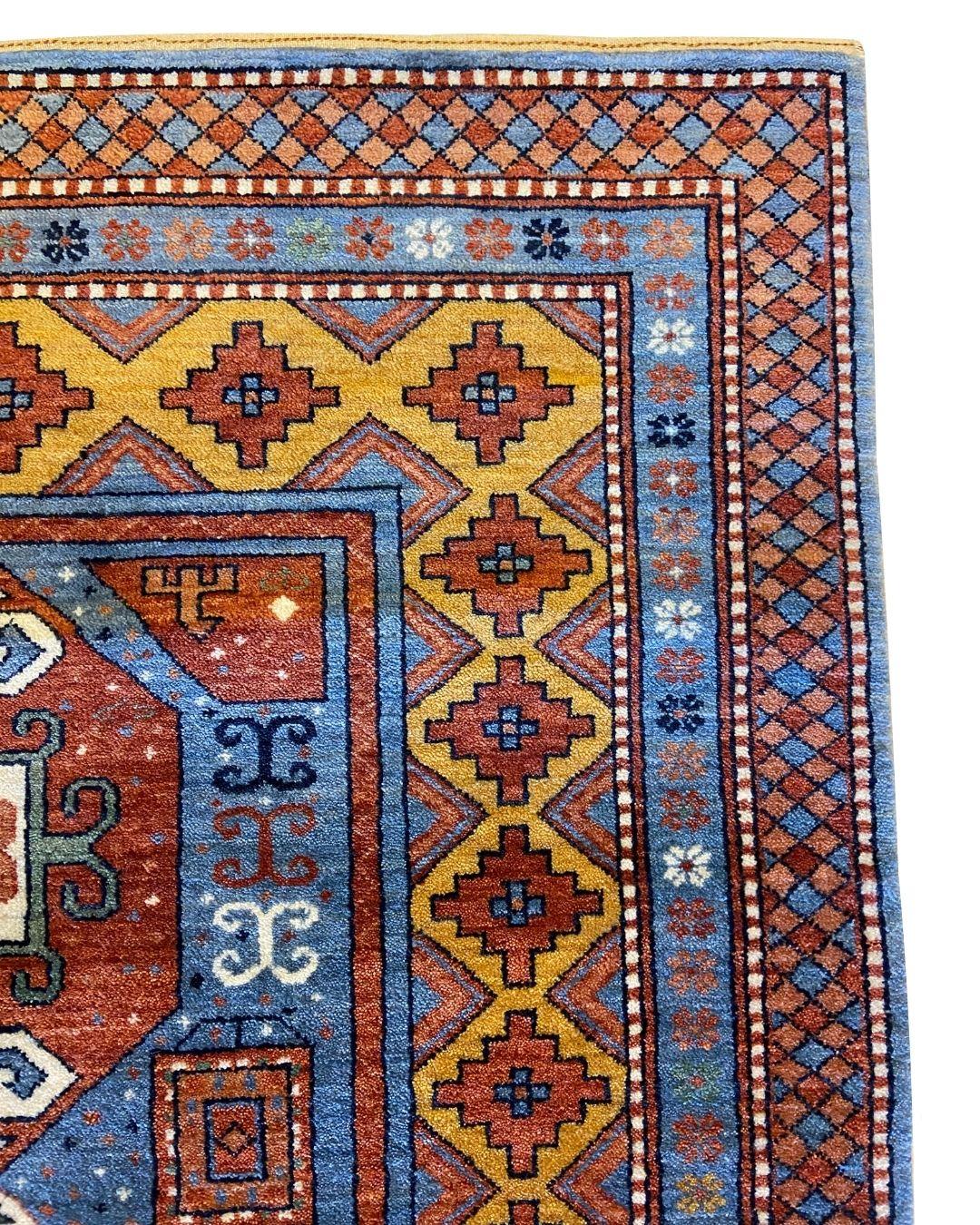 Persian Kazak-Inspired Tribal Wool Rug in Red, Blue, Yellow, and Cream, 4' x 6' For Sale