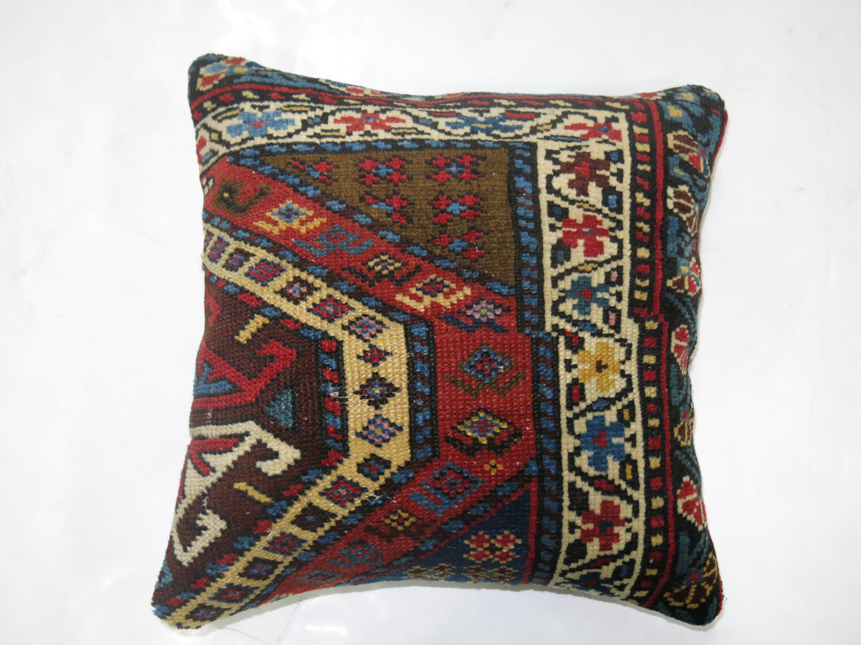Square Traditional Antique Caucasian Red Blue Tribal Kazak Rug Pillow In Excellent Condition In New York, NY