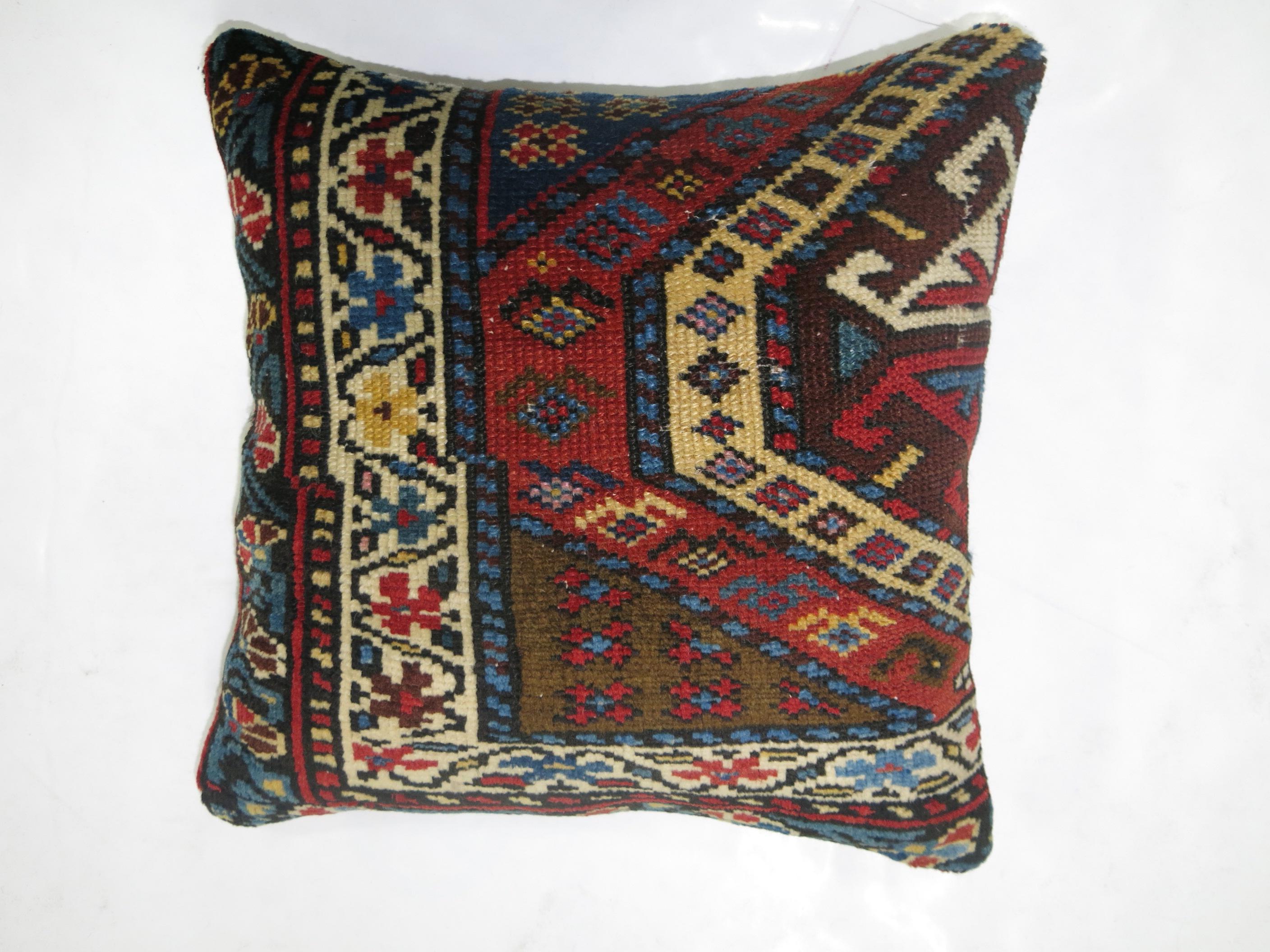 19th Century Square Traditional Antique Caucasian Red Blue Tribal Kazak Rug Pillow