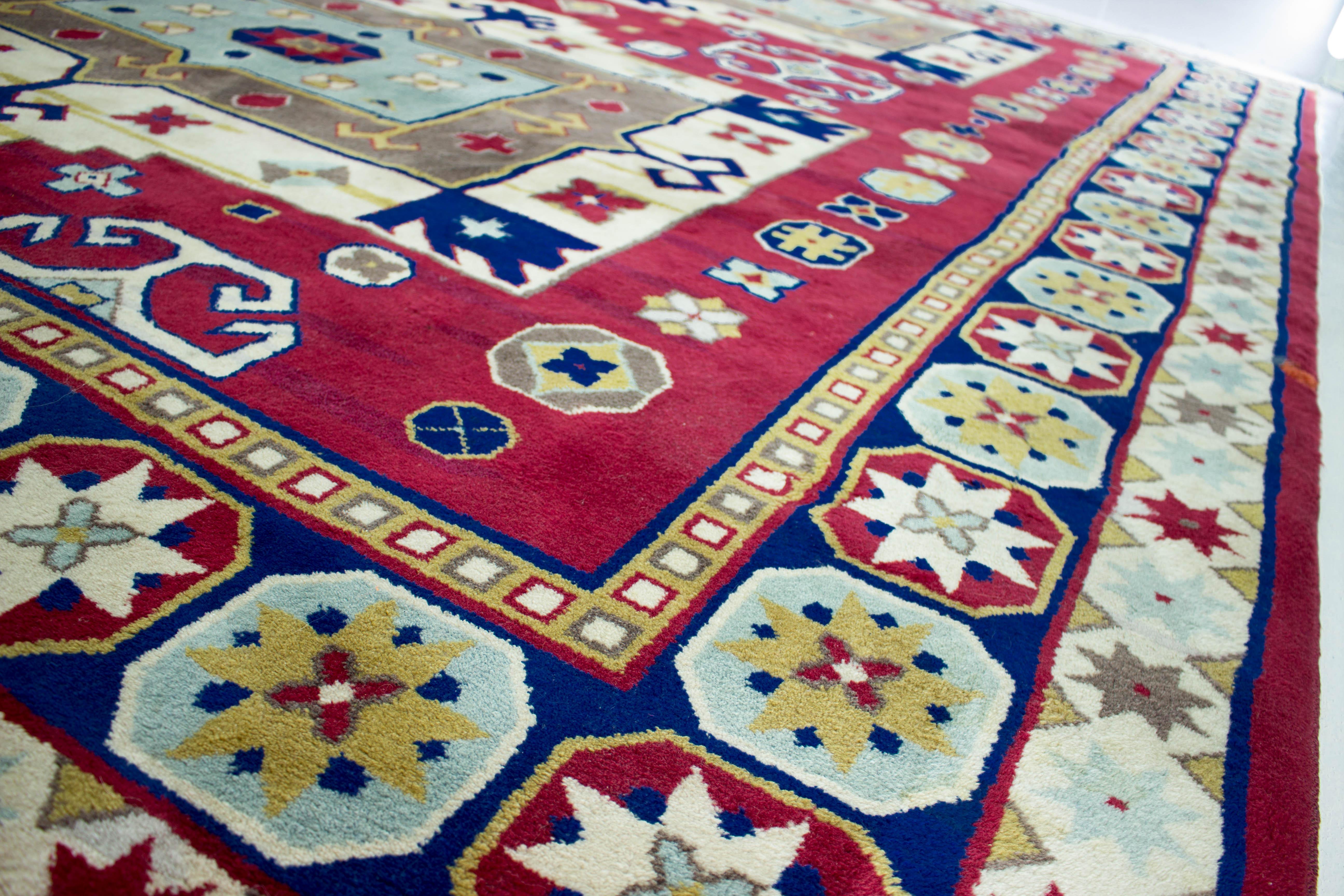 This hand knotted Kazak was made in 1960s and was professionally cleaned.
Caucasian carpets were made by many different tribal groups, they have many common characteristics. Sought after by collectors and designers, these carpets are characterized