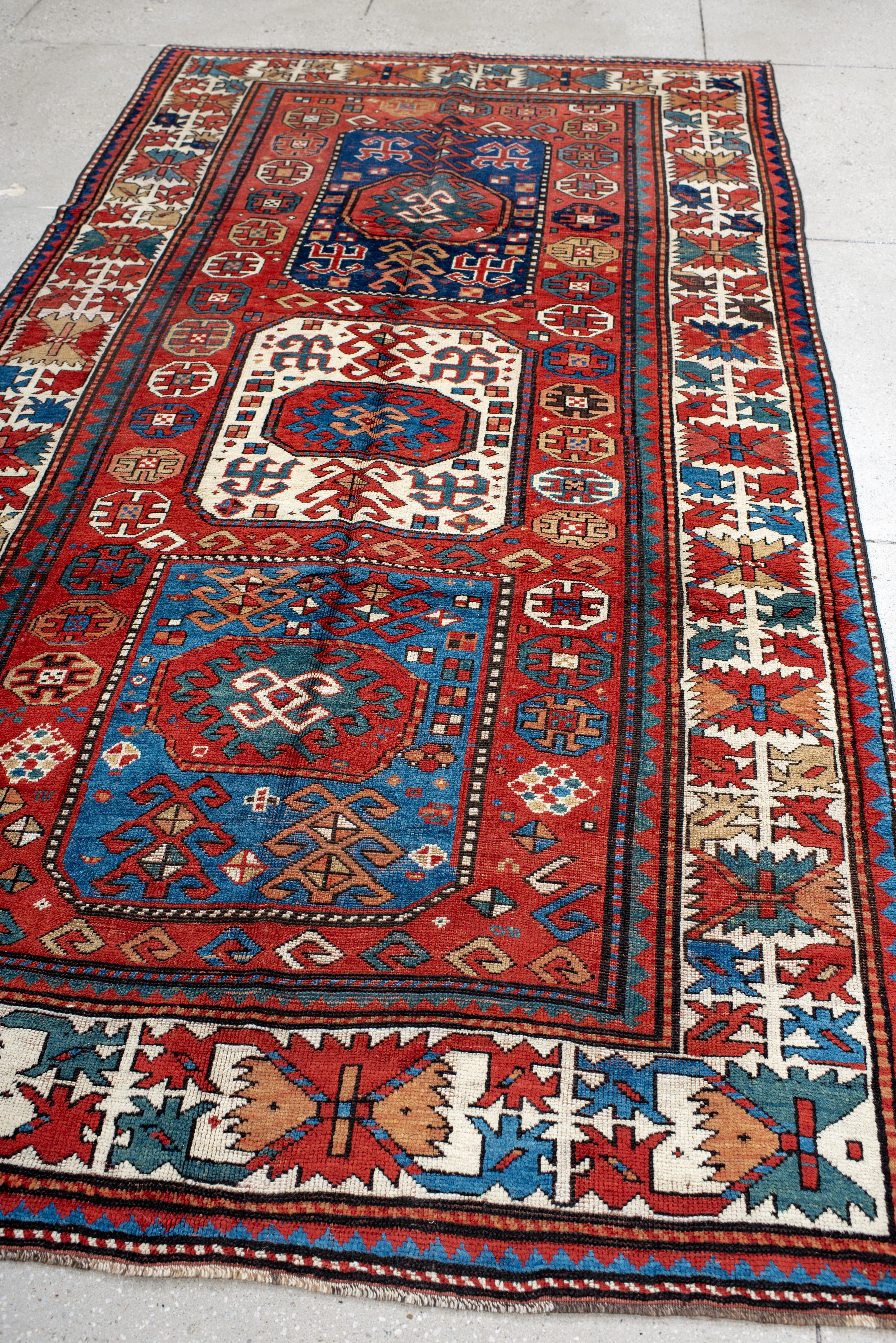 Kazak Rug Tribal Medallion and Hooked Motif Design For Sale 2