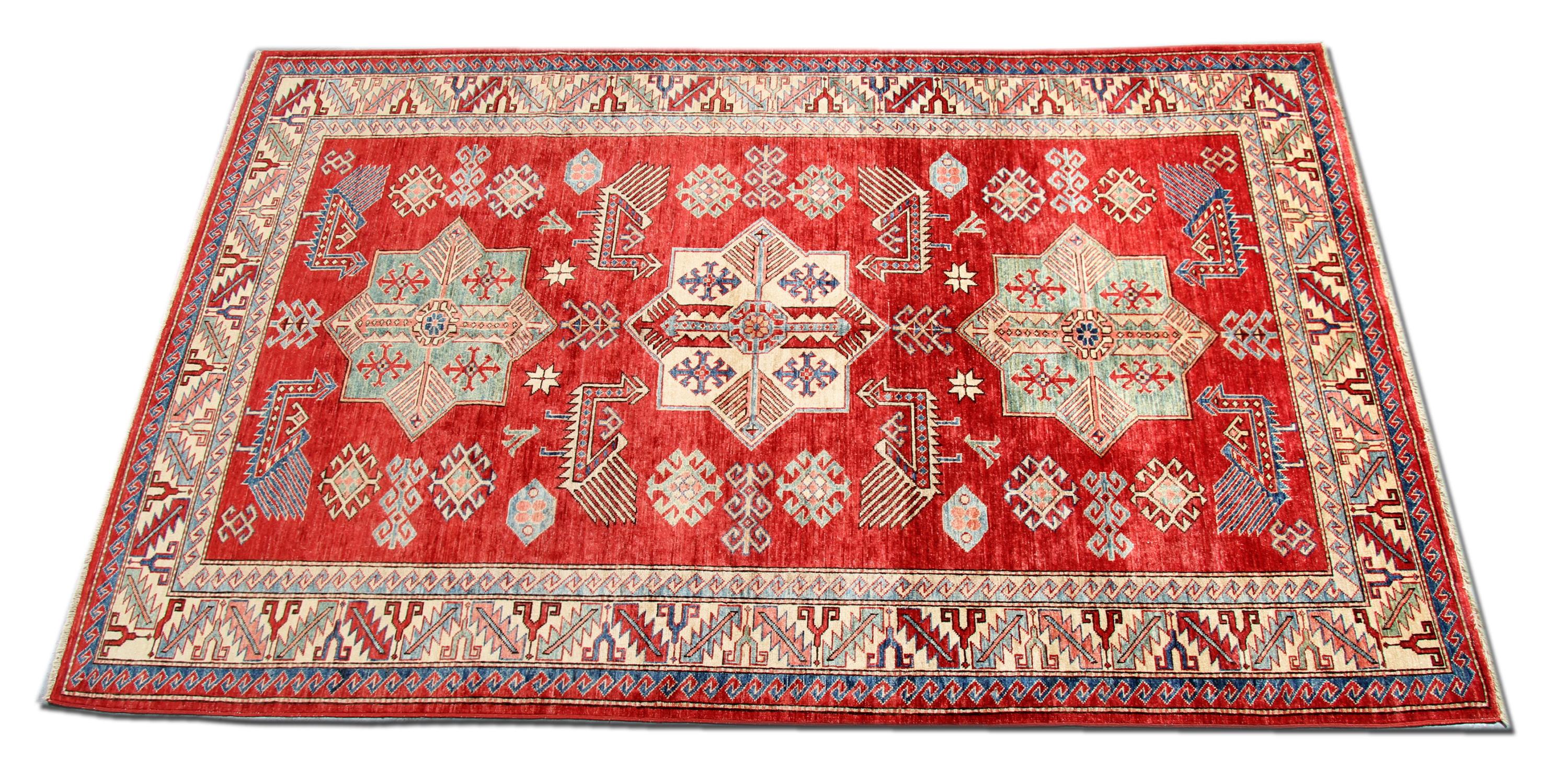 Afghan Kazak Rugs, Geometric Carpet Red Peacock Primitive Rustic Rug  For Sale