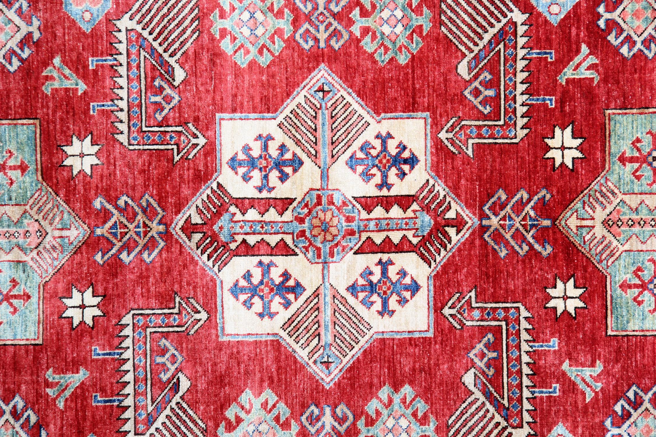 Vegetable Dyed Kazak Rugs, Geometric Carpet Red Peacock Primitive Rustic Rug  For Sale