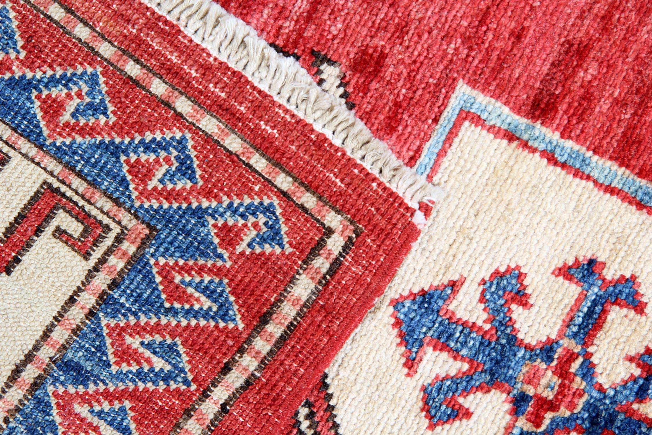 Kazak Rugs, Geometric Carpet Red Peacock Primitive Rustic Rug  In New Condition For Sale In Hampshire, GB