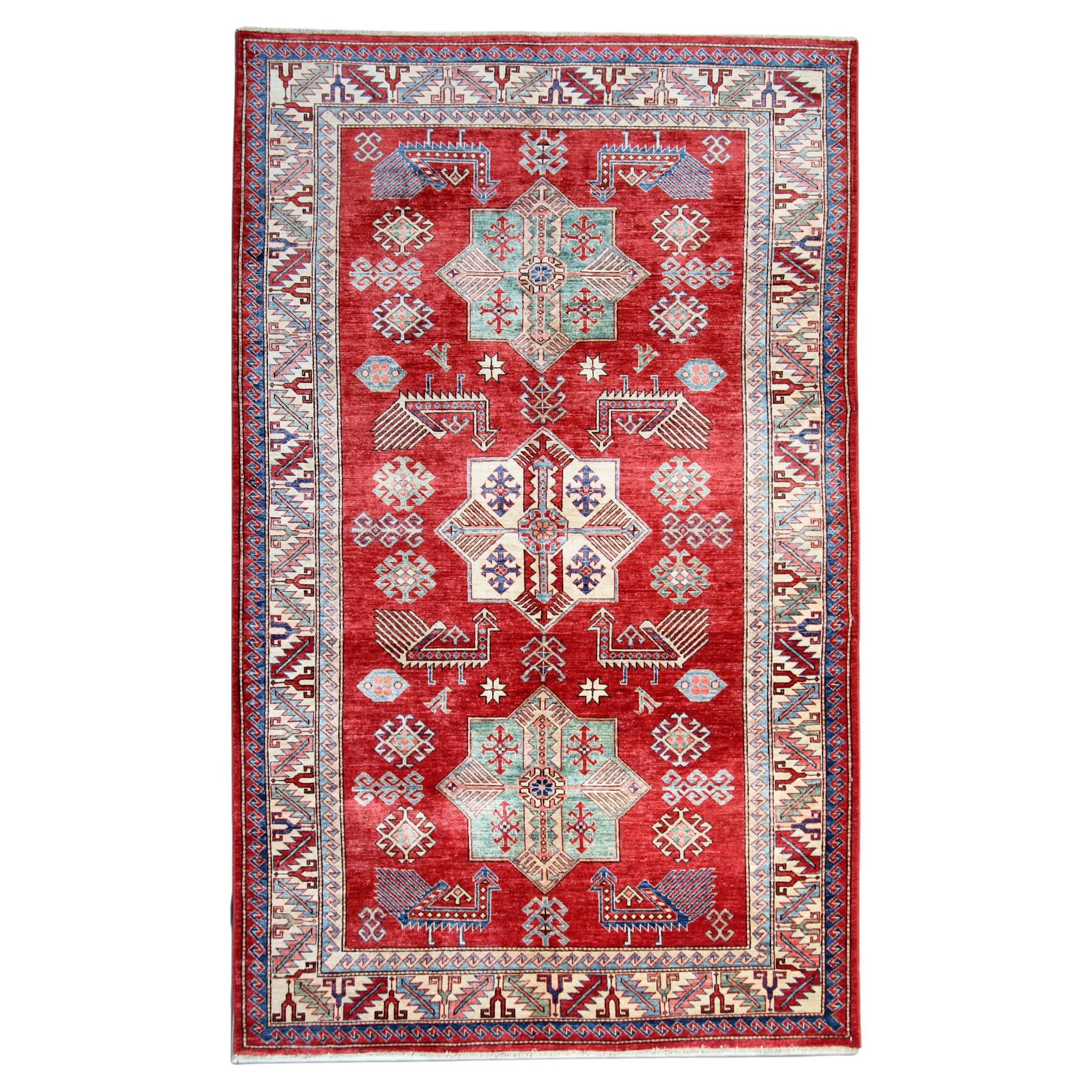 Kazak Rugs, Geometric Carpet Red Peacock Primitive Rustic Rug  For Sale