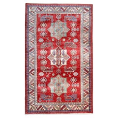 Tapis Kazak, tapis géométrique paon rouge primitif rustique 