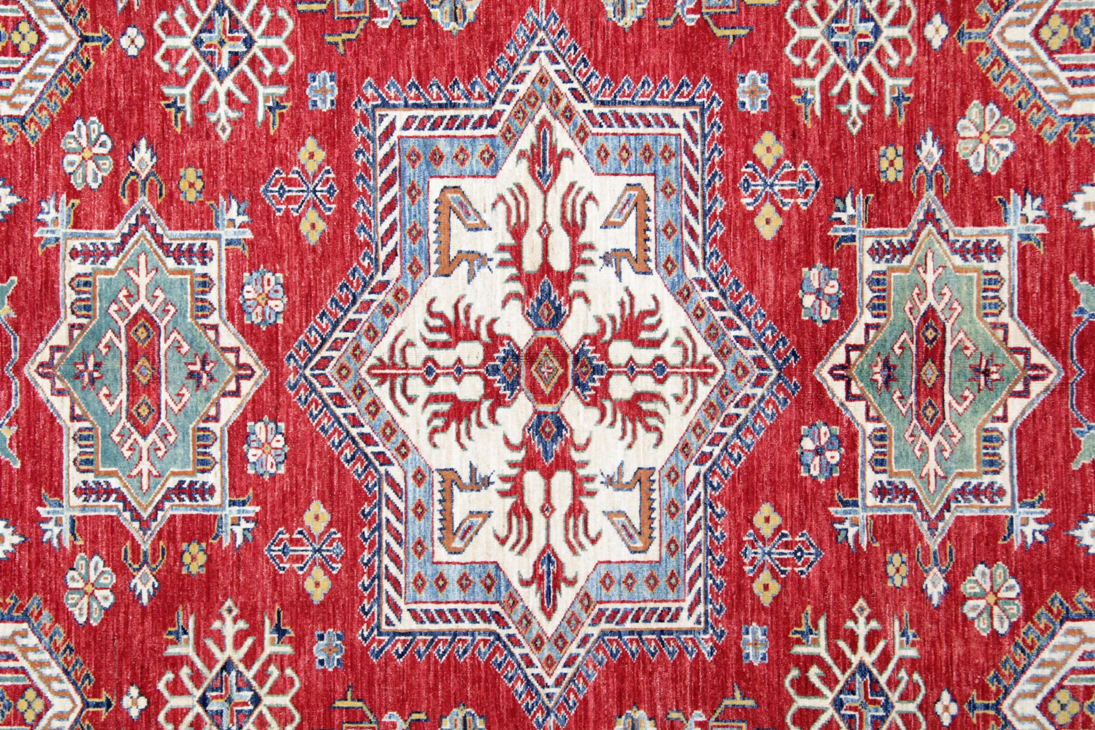 Hand-Knotted Kazak Rugs, Geometric Carpet Red Rustic Rug Livingroom For Sale