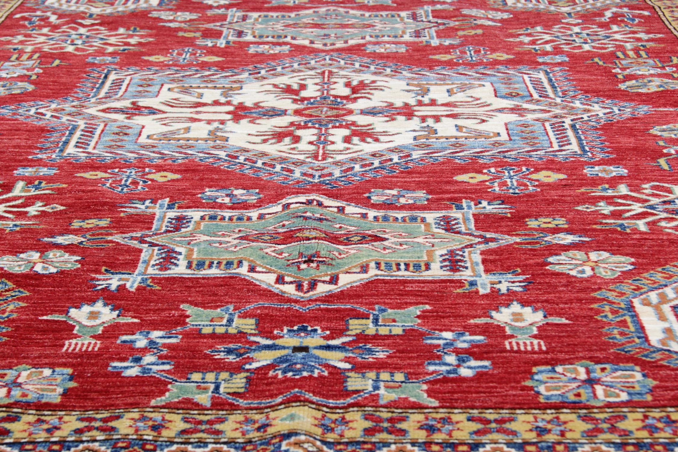 Kazak Rugs, Geometric Carpet Red Rustic Rug Livingroom In Excellent Condition For Sale In Hampshire, GB