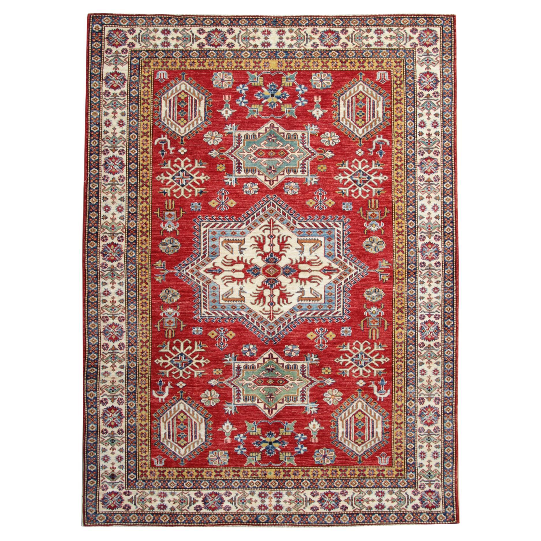 Tapis Kazak, tapis géométrique tapis rouge primitif rustique de salon